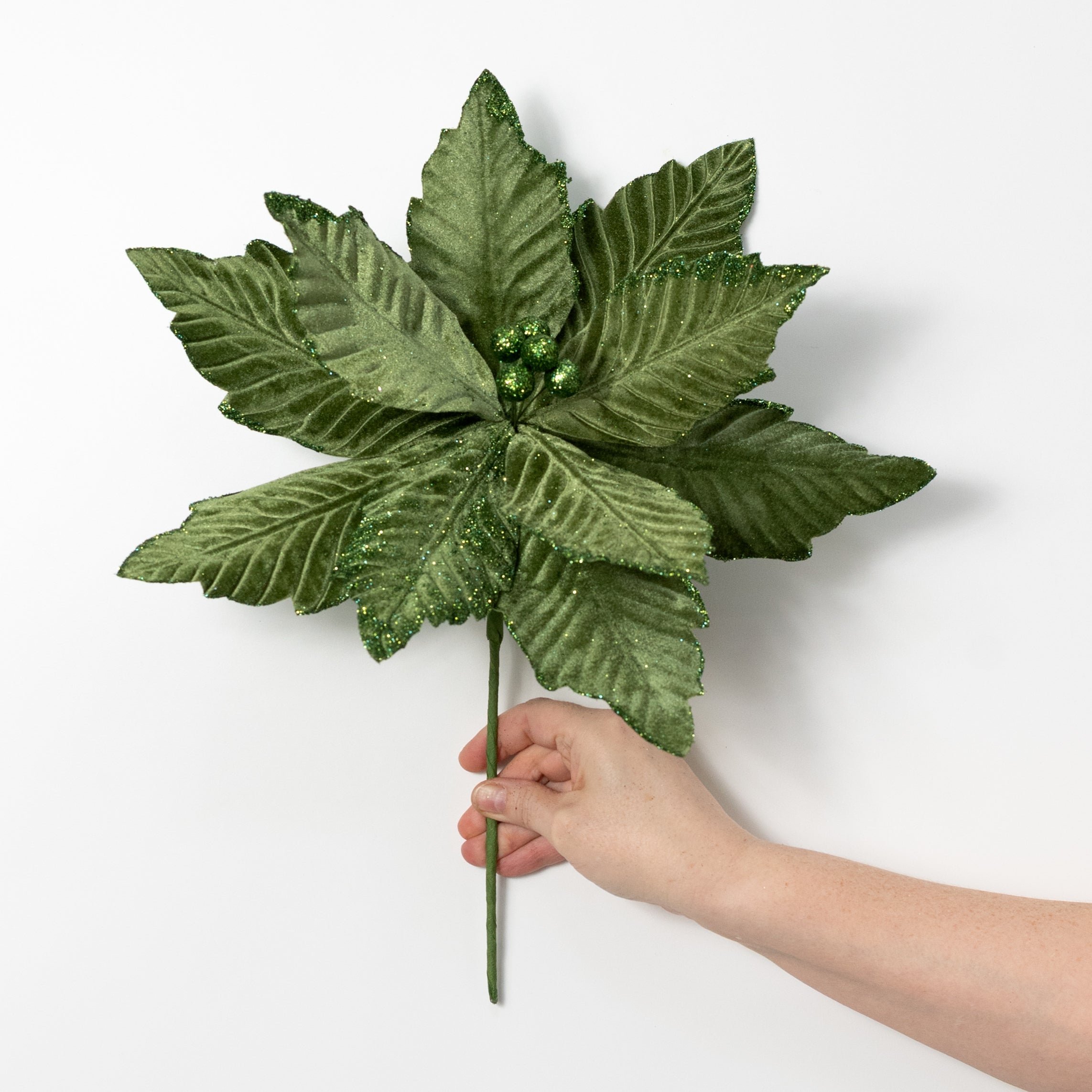 14" x 16" Velvet Poinsettia Stem: Moss Green