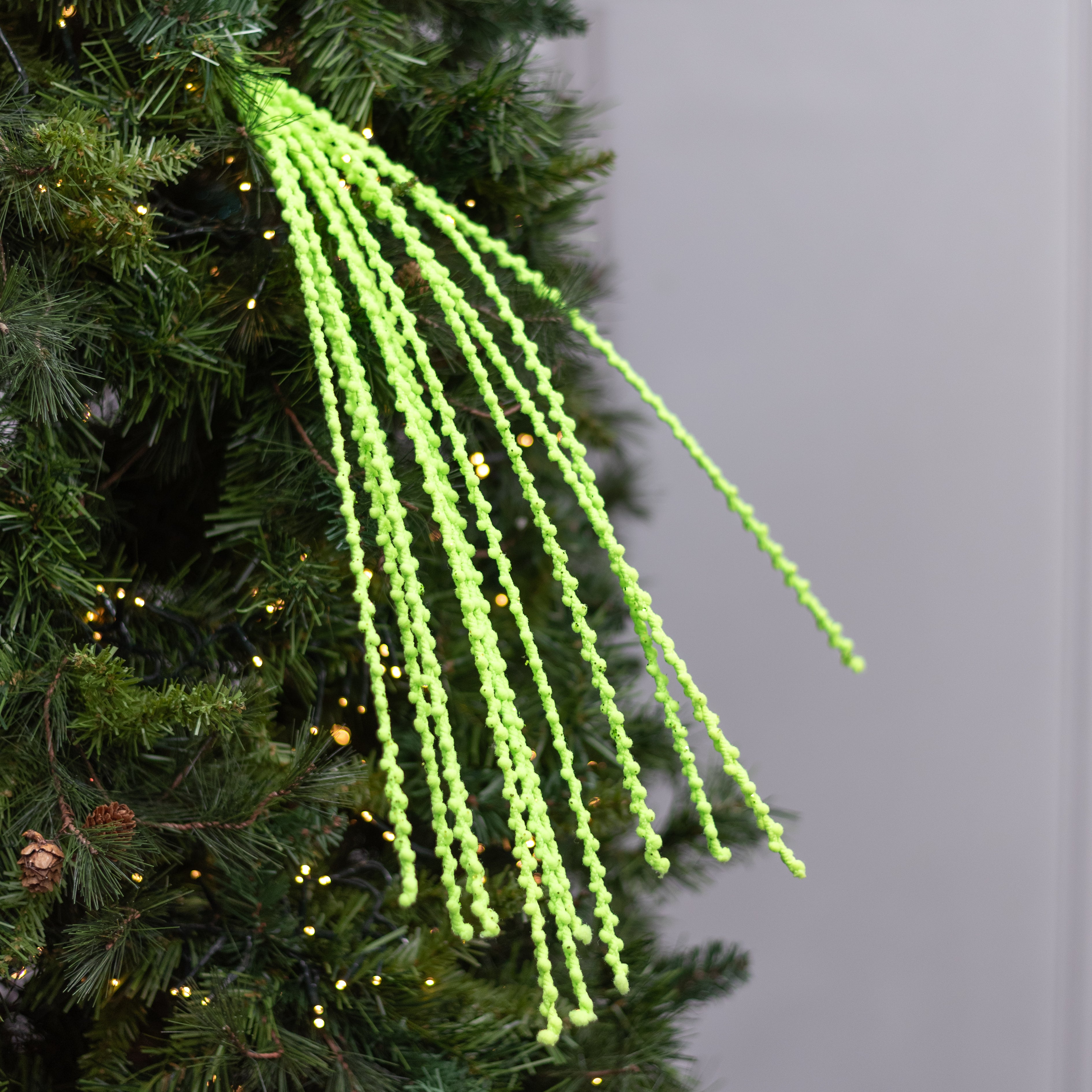 35" Glittered Puff Chenille Dangling Spray: Neon Lime Green