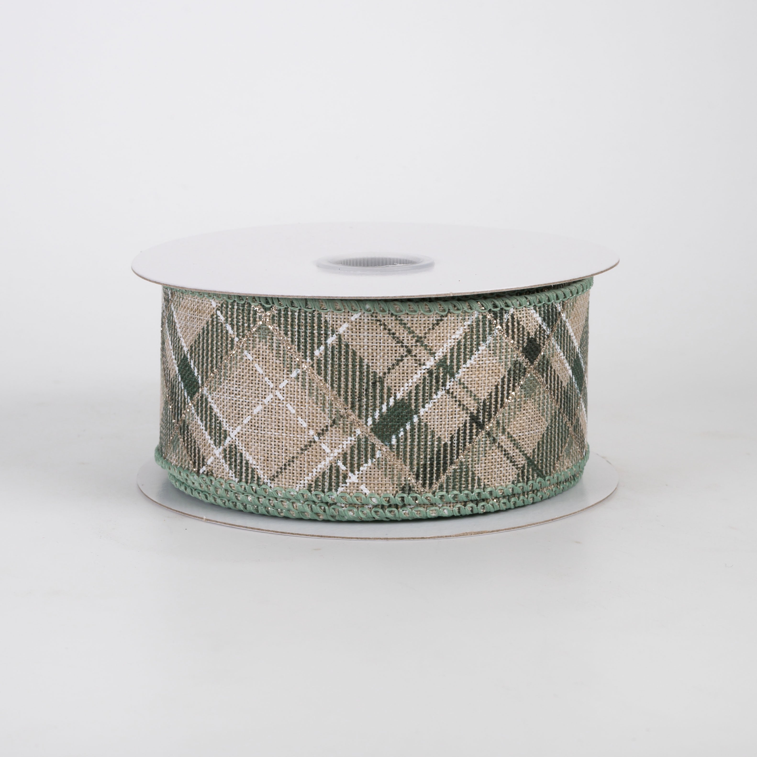 1.5" Linen Argyle Plaid Ribbon: Sage, Champagne & Hunter on Natural (10 Yards)