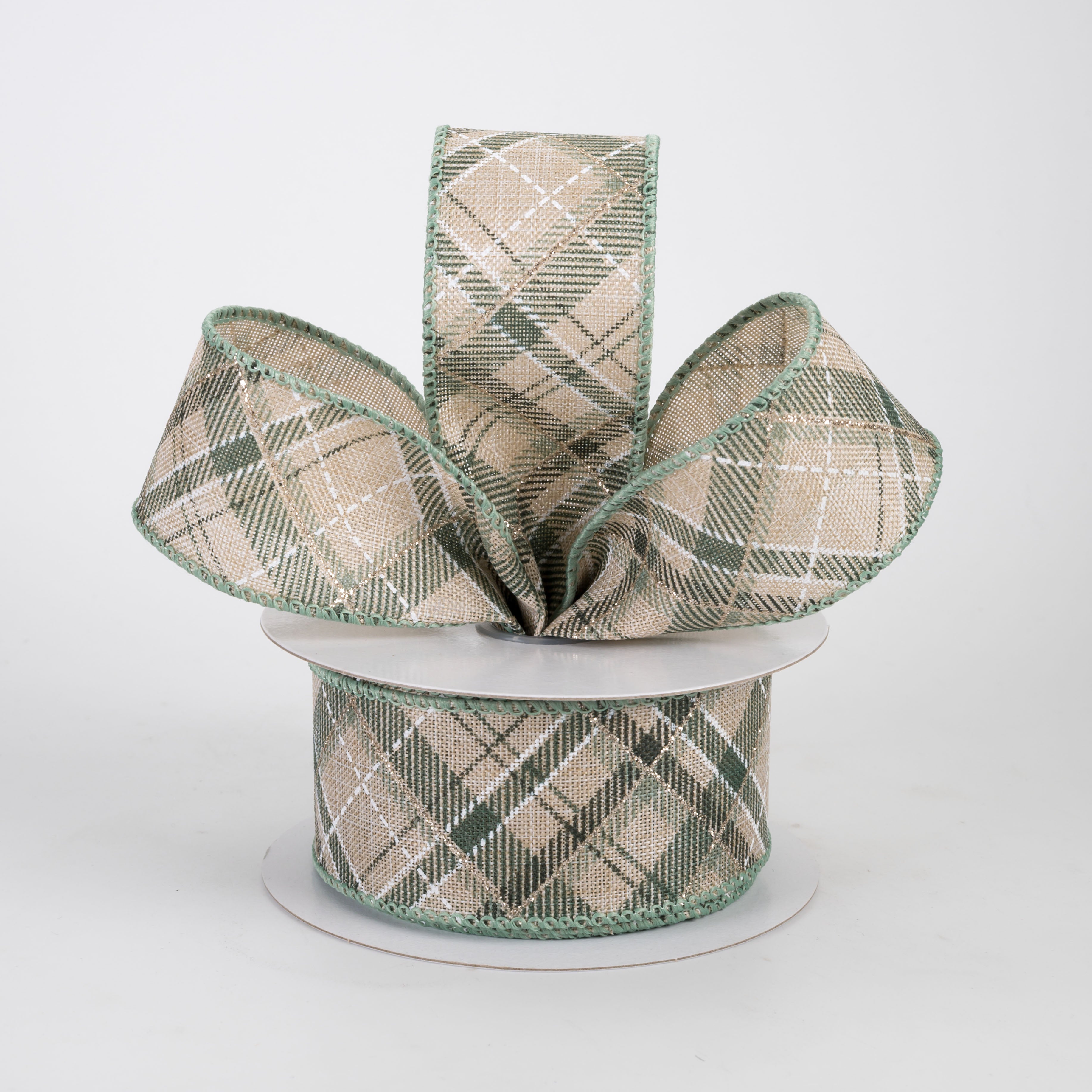 1.5" Linen Argyle Plaid Ribbon: Sage, Champagne & Hunter on Natural (10 Yards)