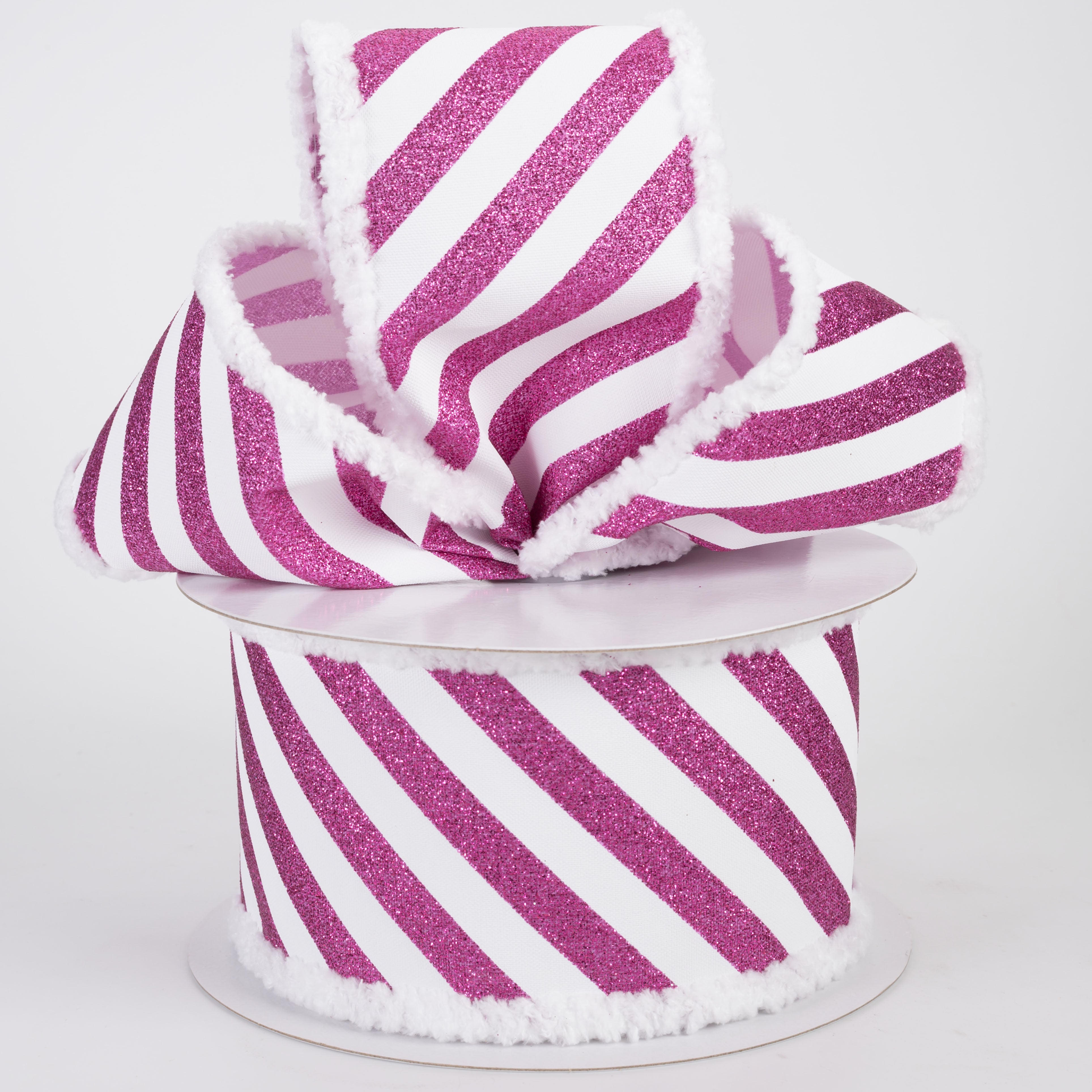 2.5" All Flat Glitter Candy Cane Stripe Snow Edge Ribbon: Fuchsia & White (10 Yards)
