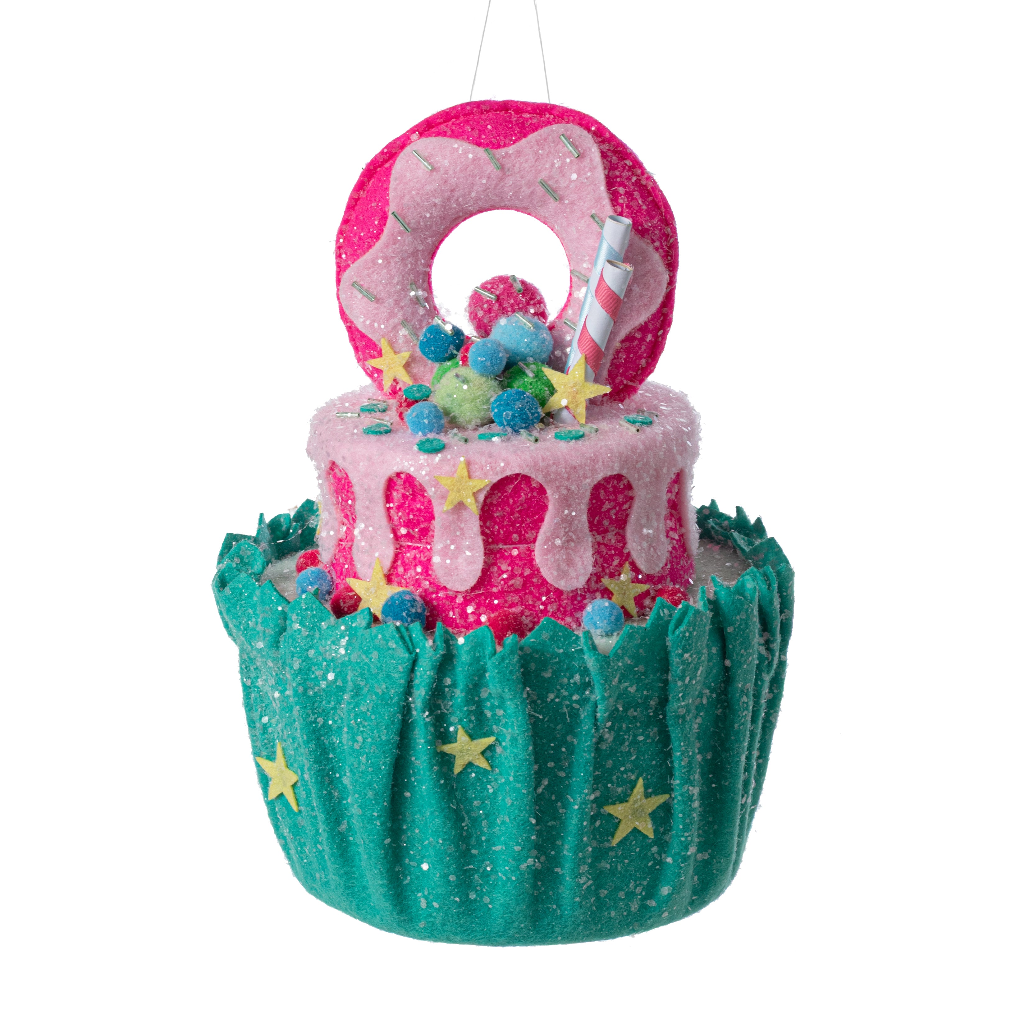 10" Cake & Donut Cupcake Ornament: Teal & Fuchsia