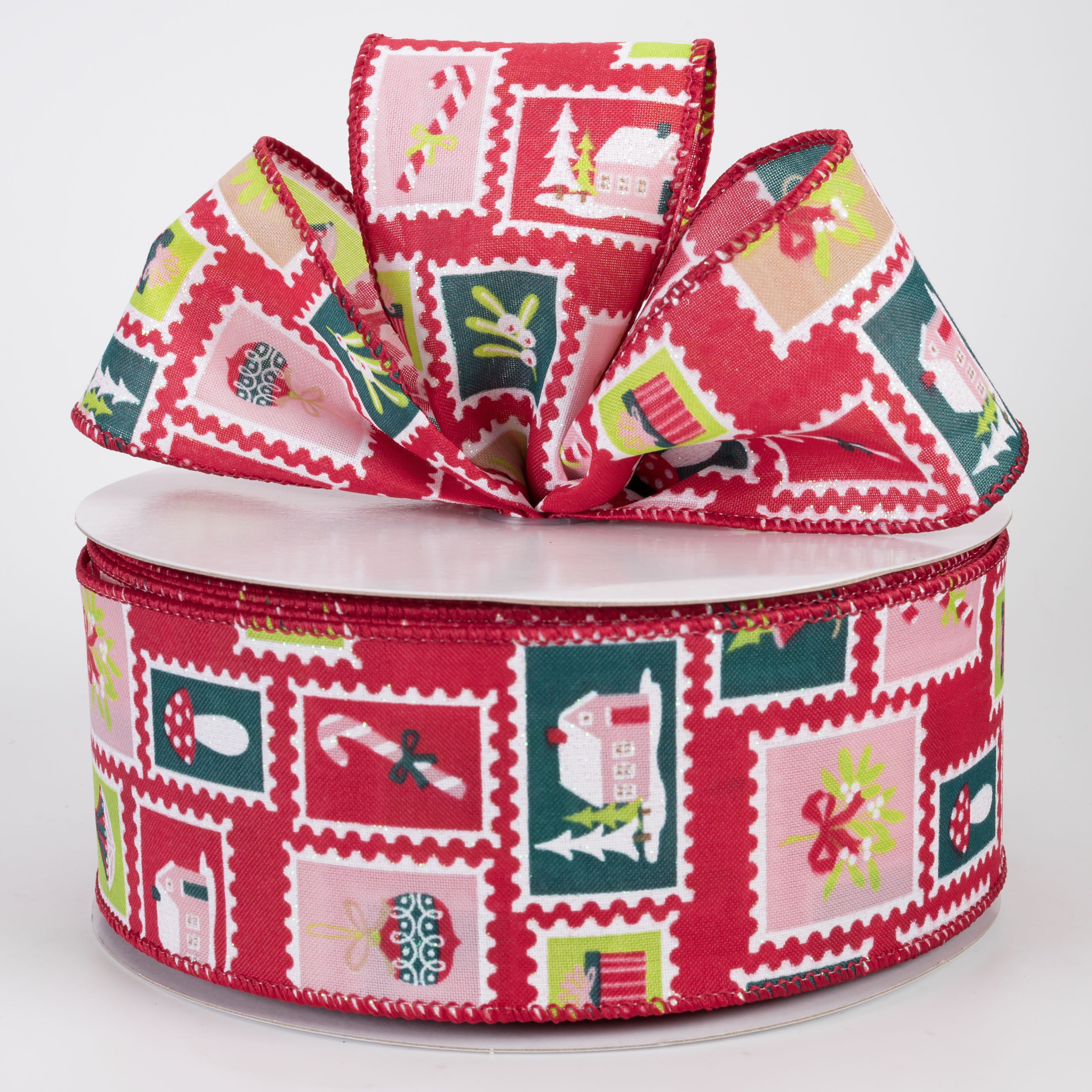 2.5" Satin Christmas Postage Stamps Ribbon: Red (50 Yards)