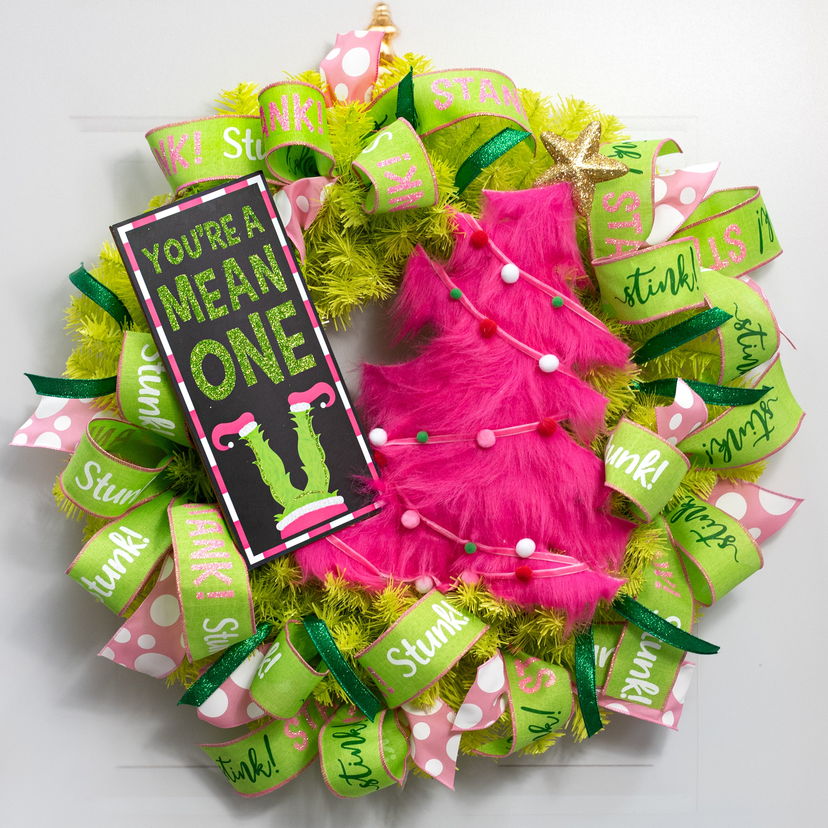 12" Wooden Sign: You're A Mean One Glitter Monster: Pink