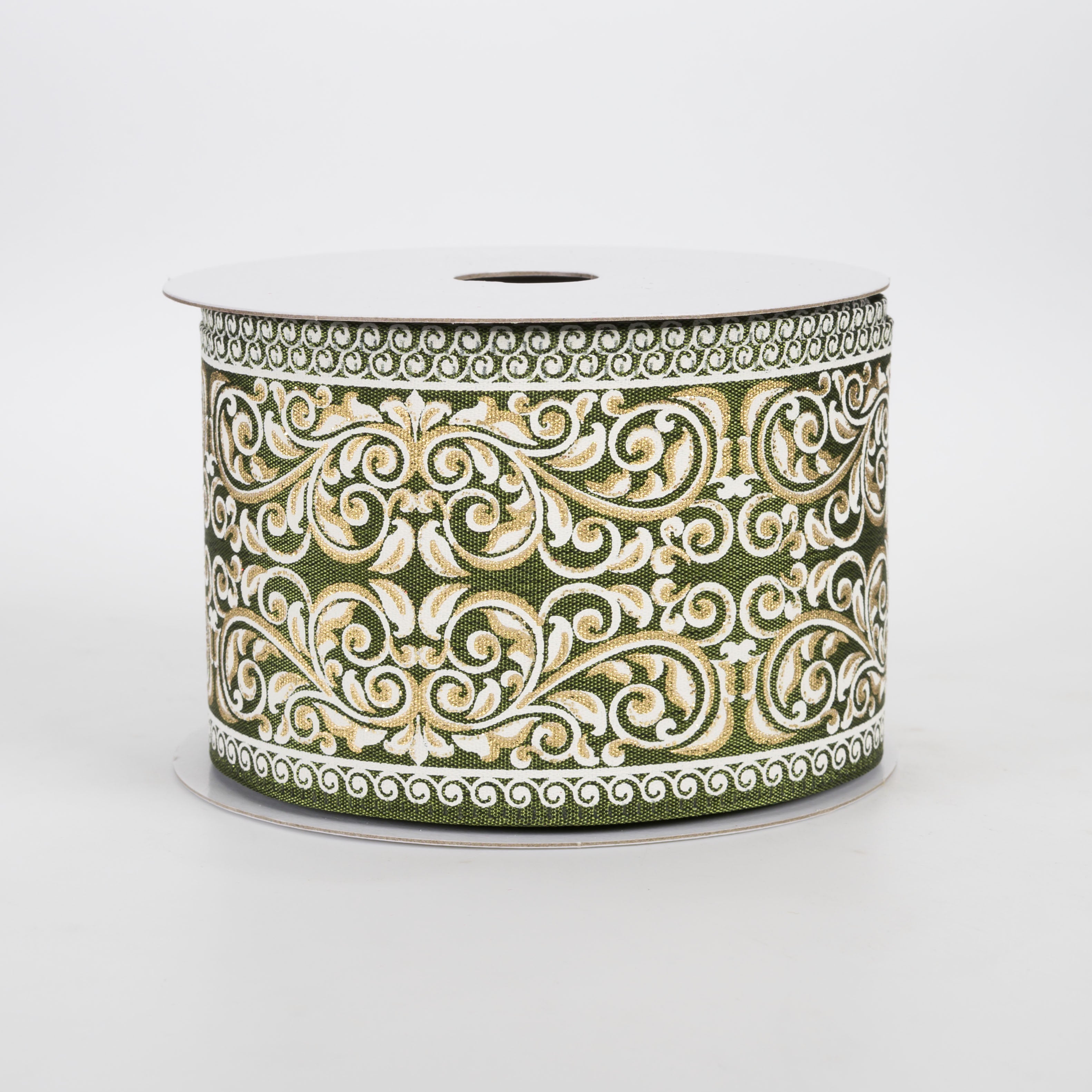 2.5" Ornate Damask Satin Ribbon: White & Gold on Moss (10 Yards)