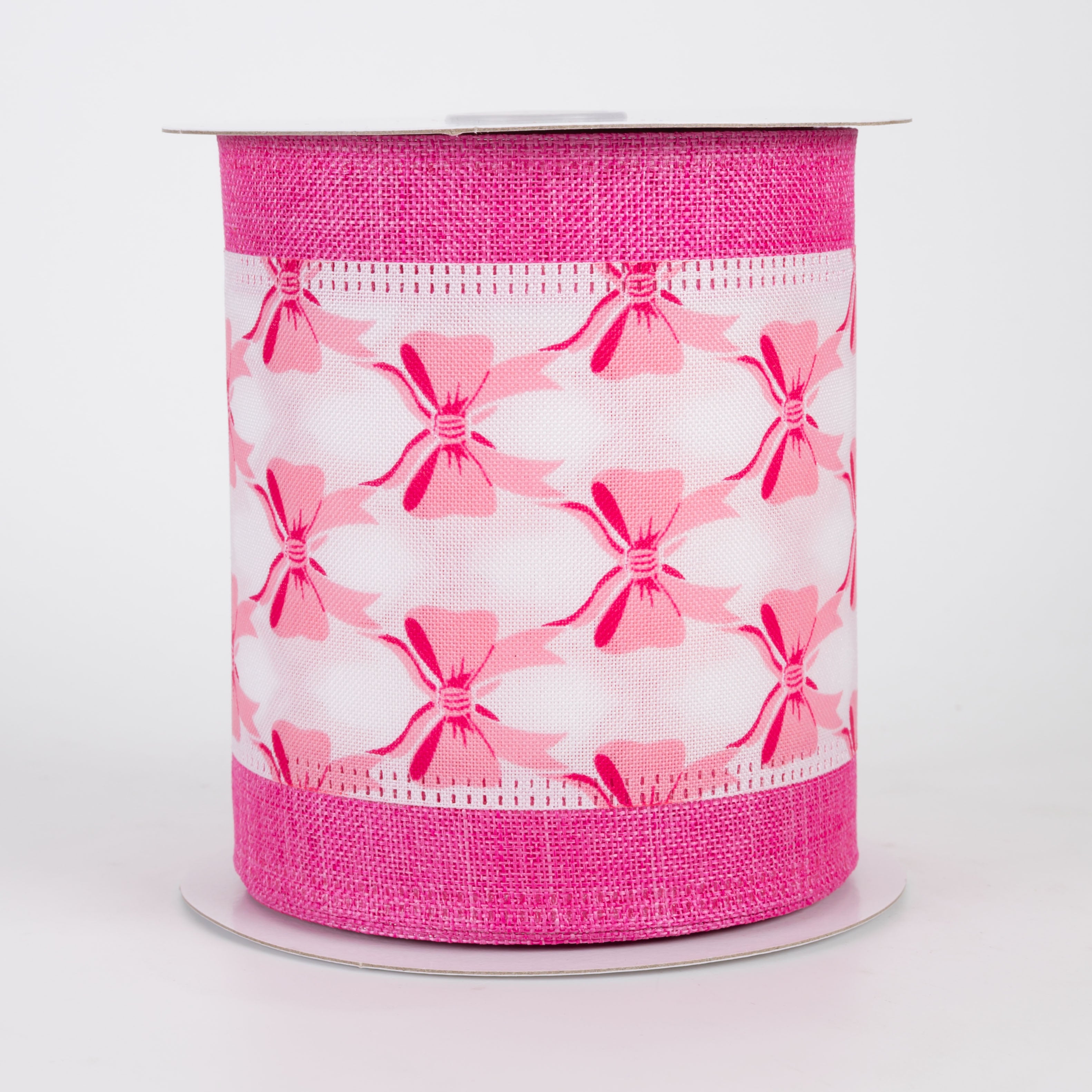 4" Patterned Bows Linen Edge Ribbon: Pink on White (10 Yards)