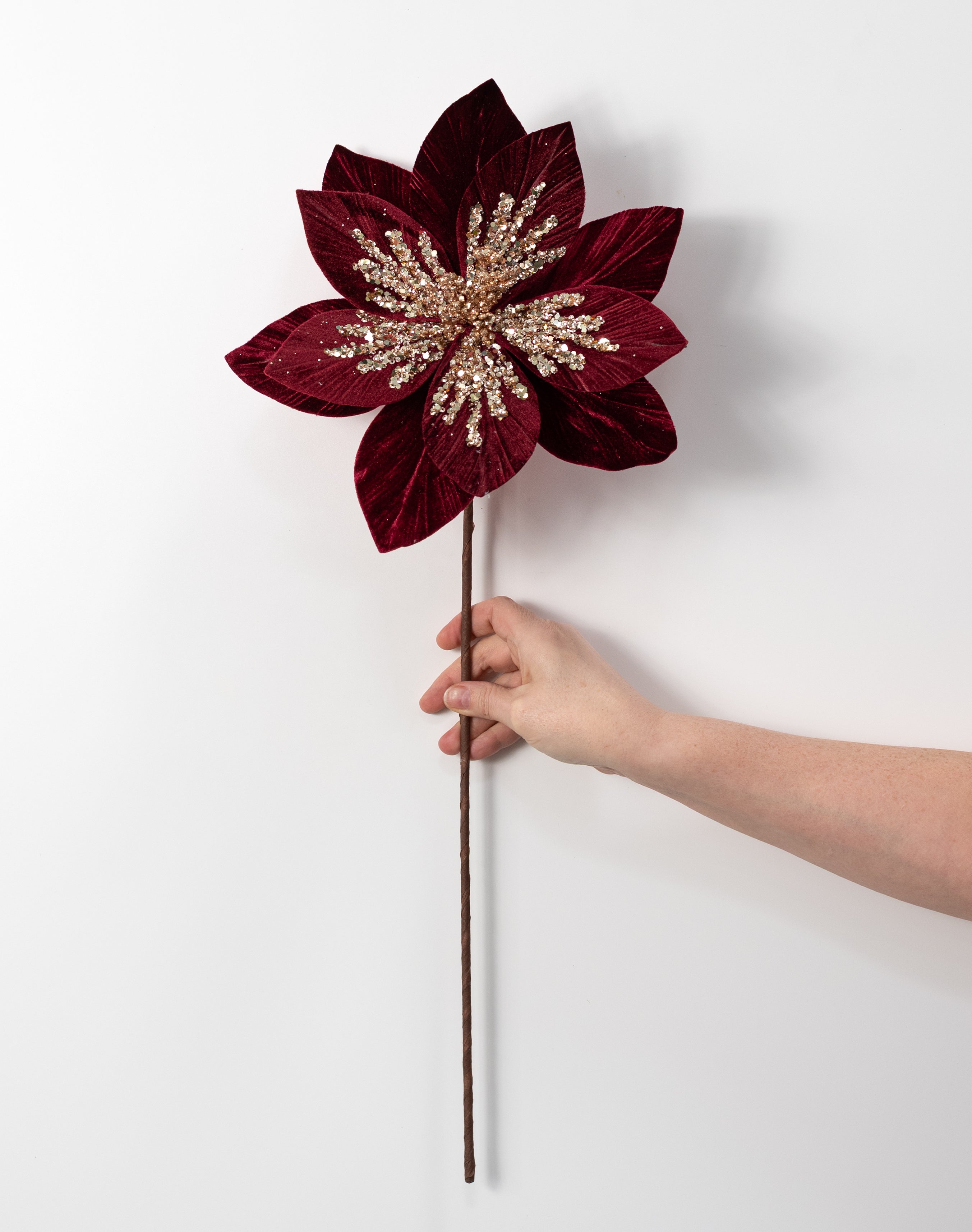 11" x 22" Sequined Velvet Poinsettia Stem: Burgundy & Rose Gold