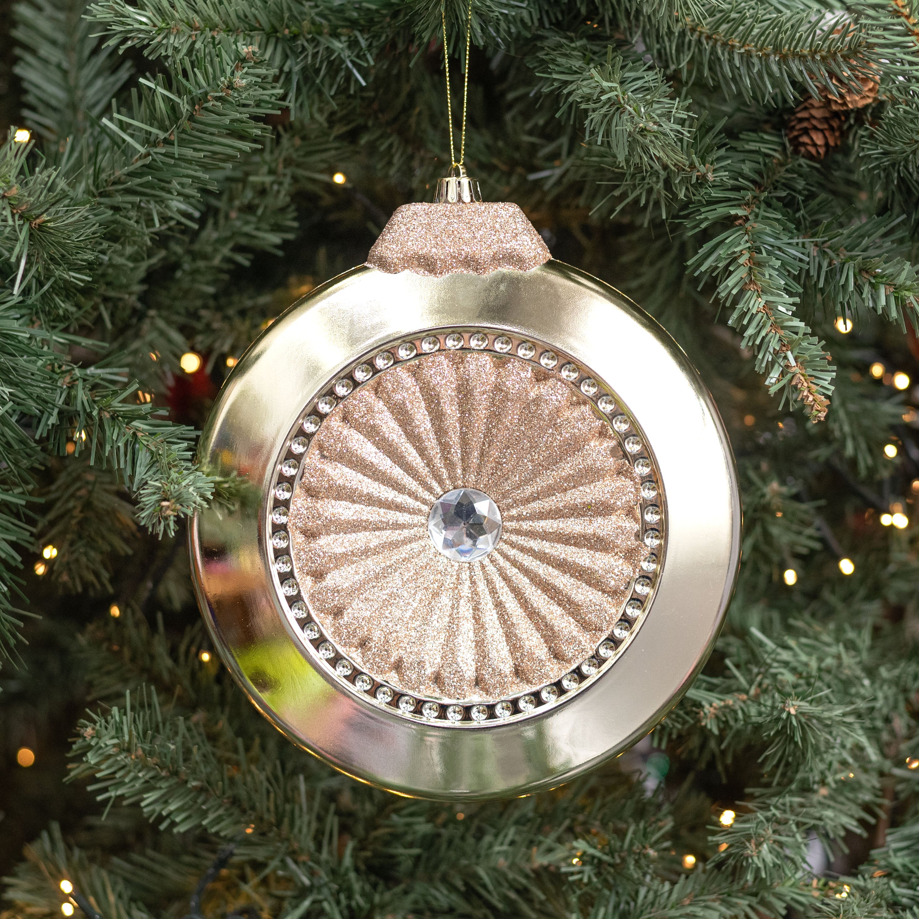 8" Glittered Disc Flat Ornament: Champagne Gold