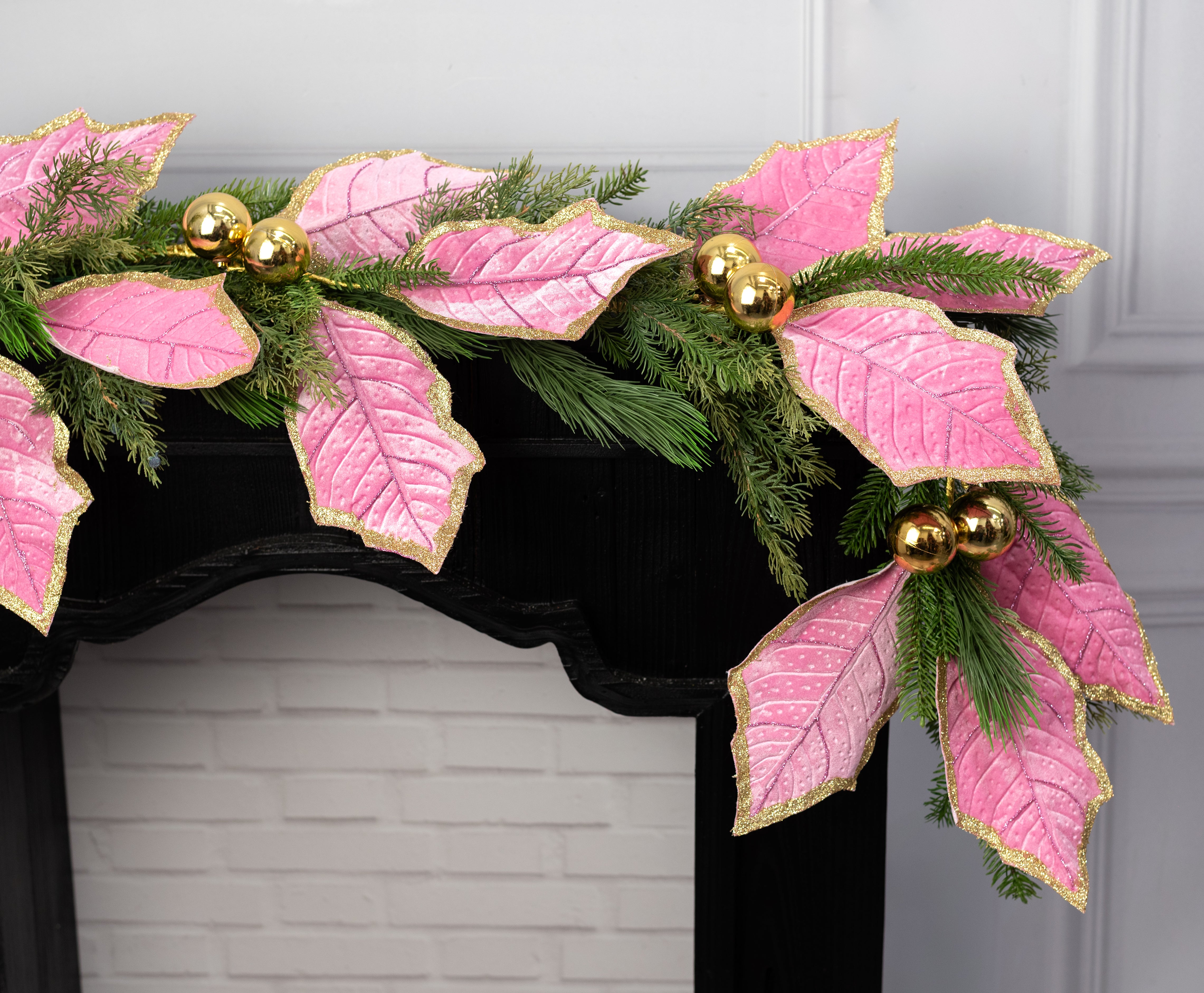 52" Velvet Holly Leaves Garland: Pink & Gold