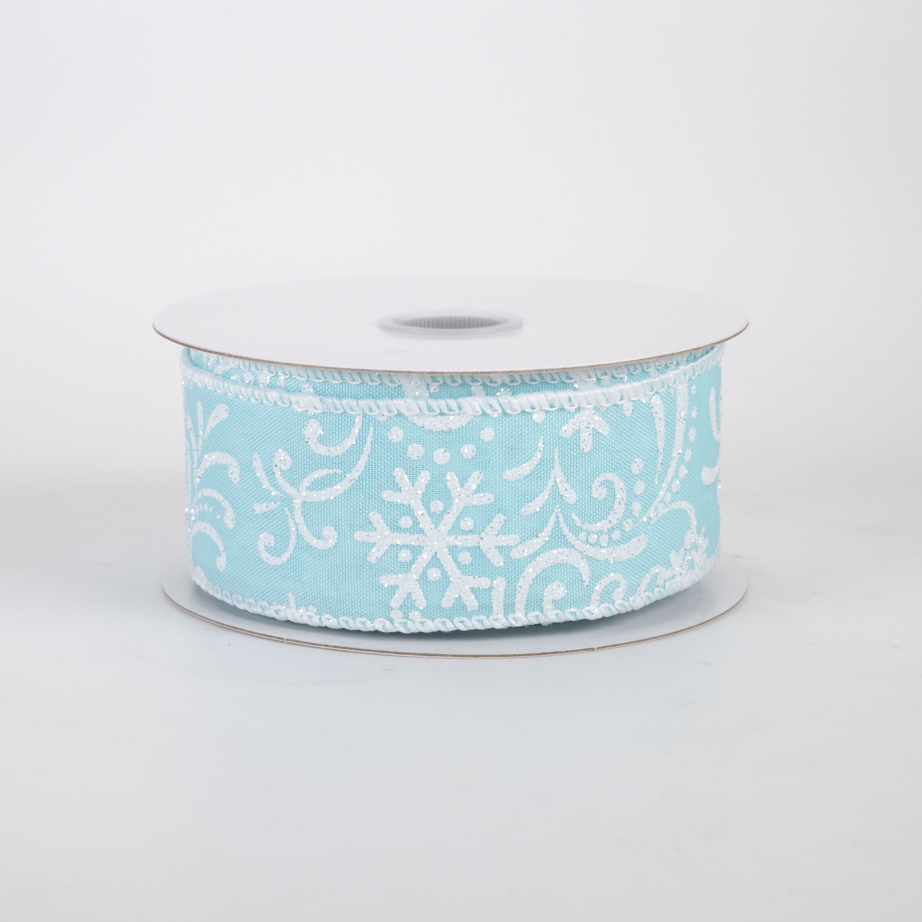 1.5" Glittered Satin Snow Flurry Ribbon: Blue & White (10 Yards)