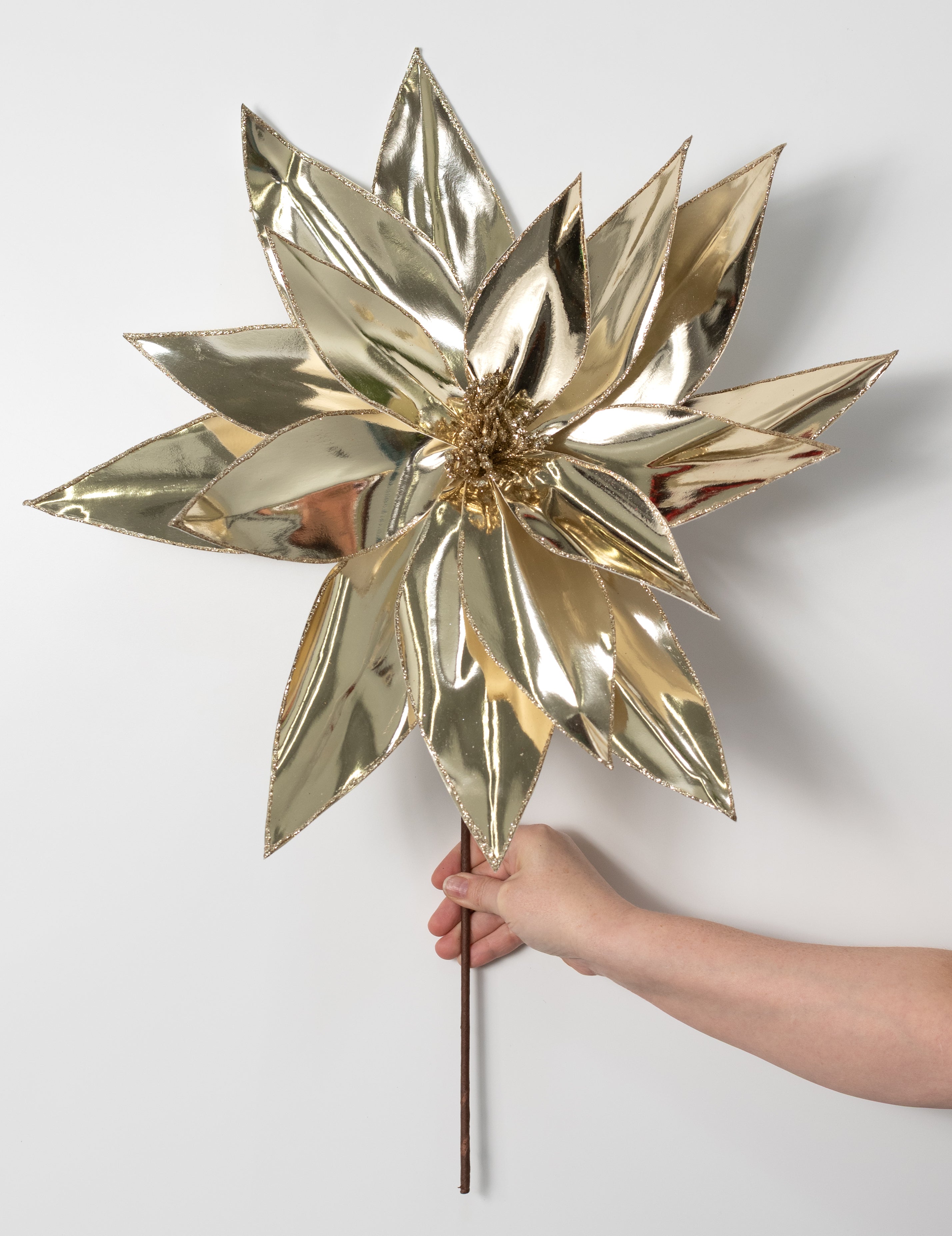 20" x 29" Jumbo Metallic Poinsettia Stem: Mirror Champagne Gold