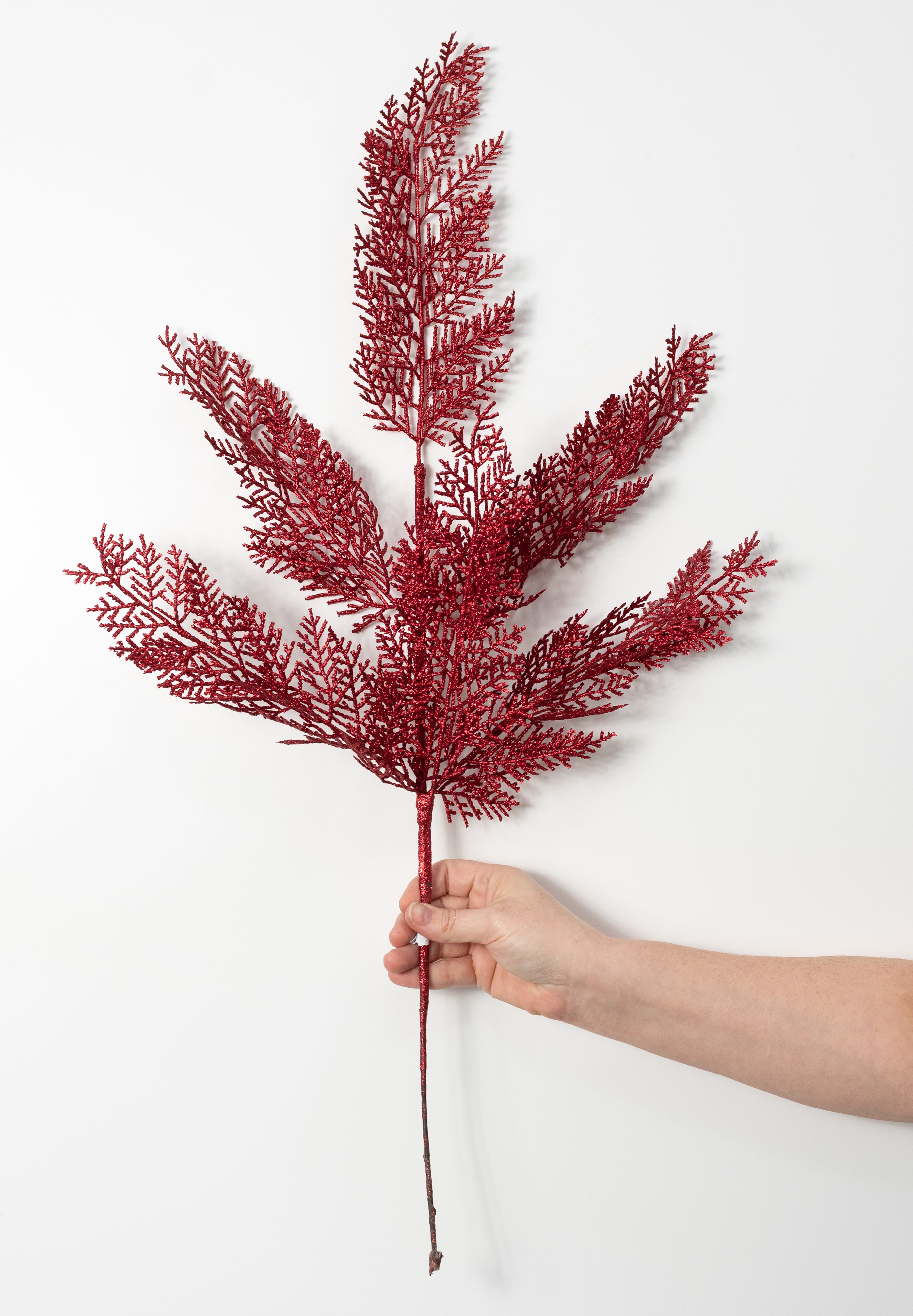 29" Glittered Fern Spray: Burgundy Red
