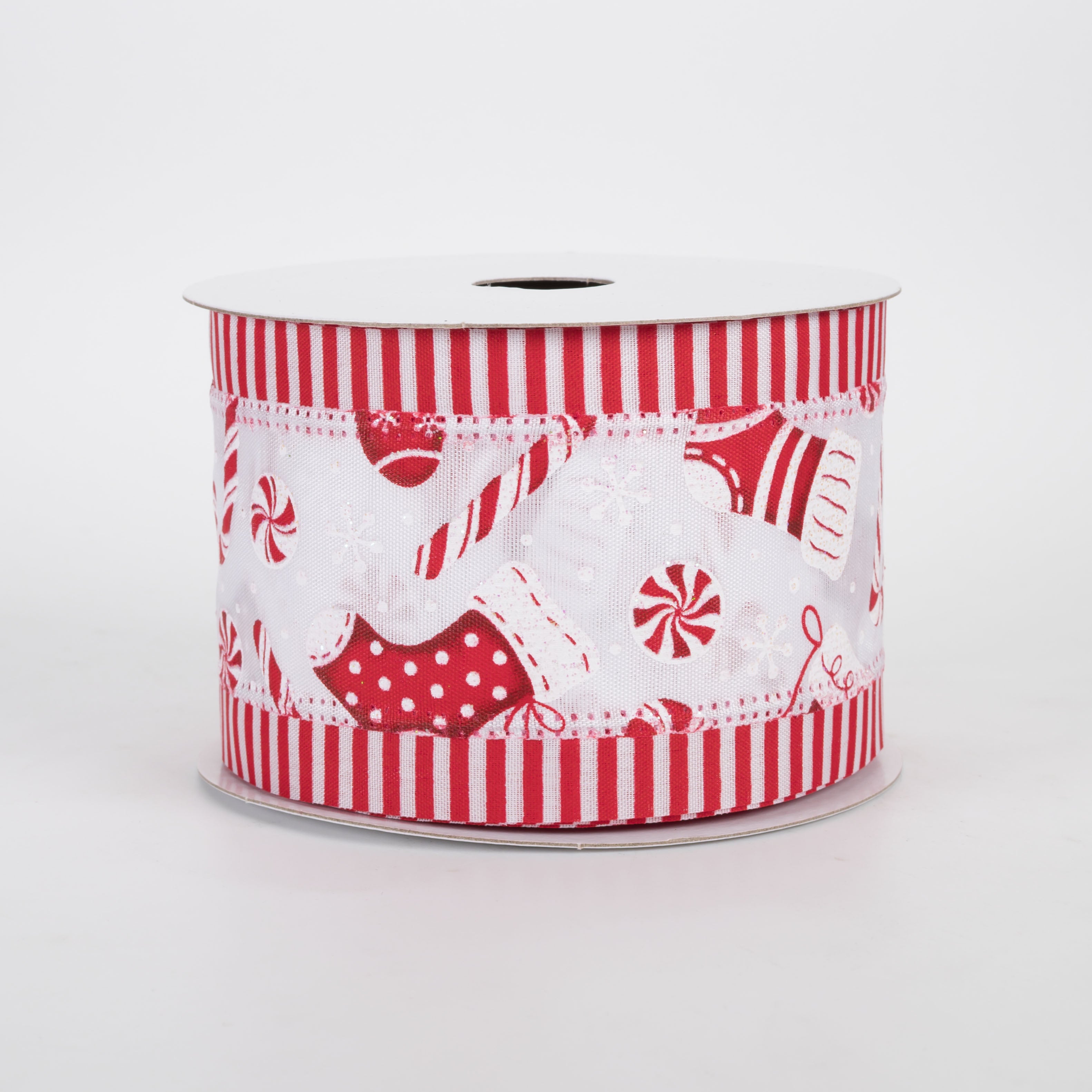 2.5" Satin Peppermints, Stockings & Candy Cane Stripe Edge Ribbon (10 Yards)