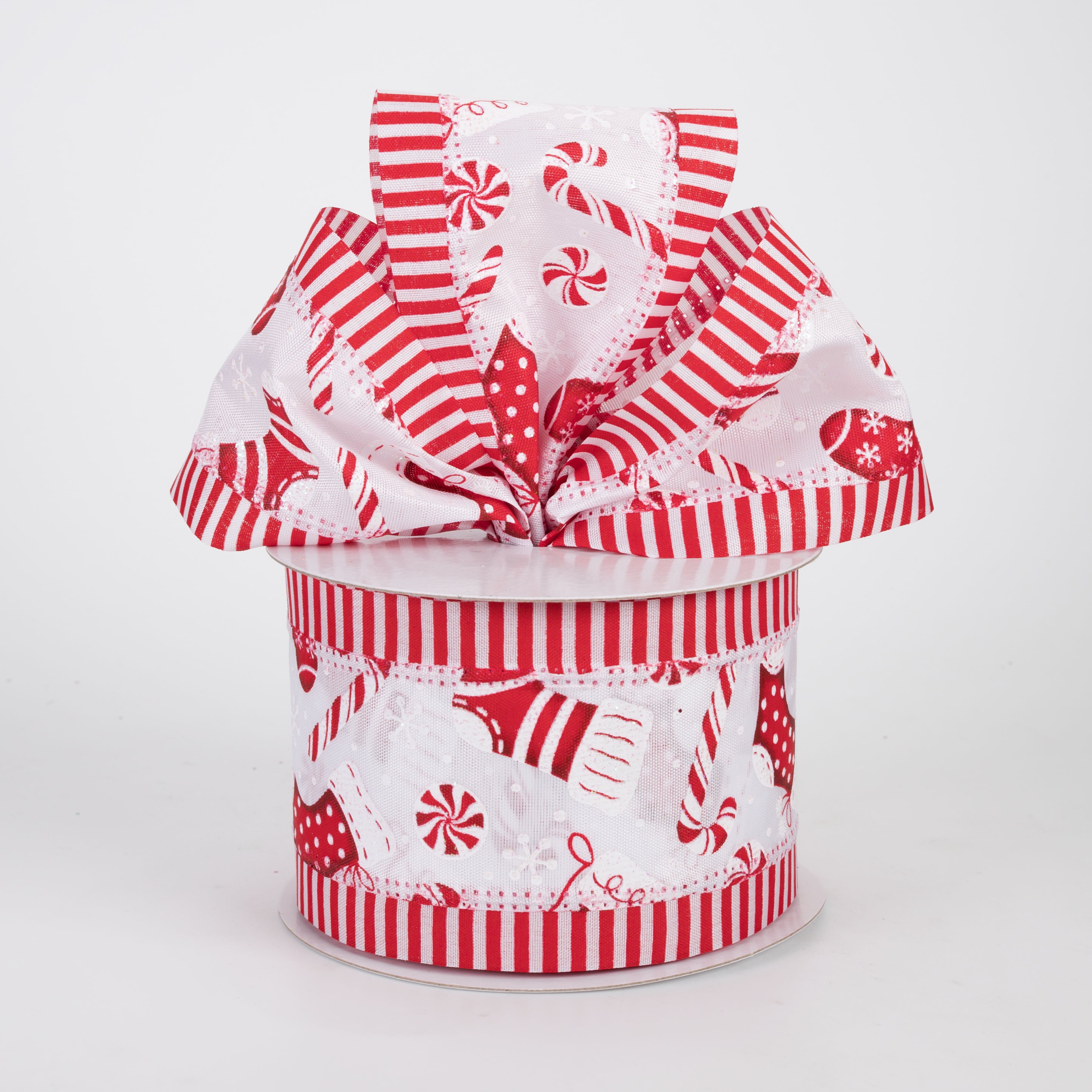 2.5" Satin Peppermints, Stockings & Candy Cane Stripe Edge Ribbon (10 Yards)