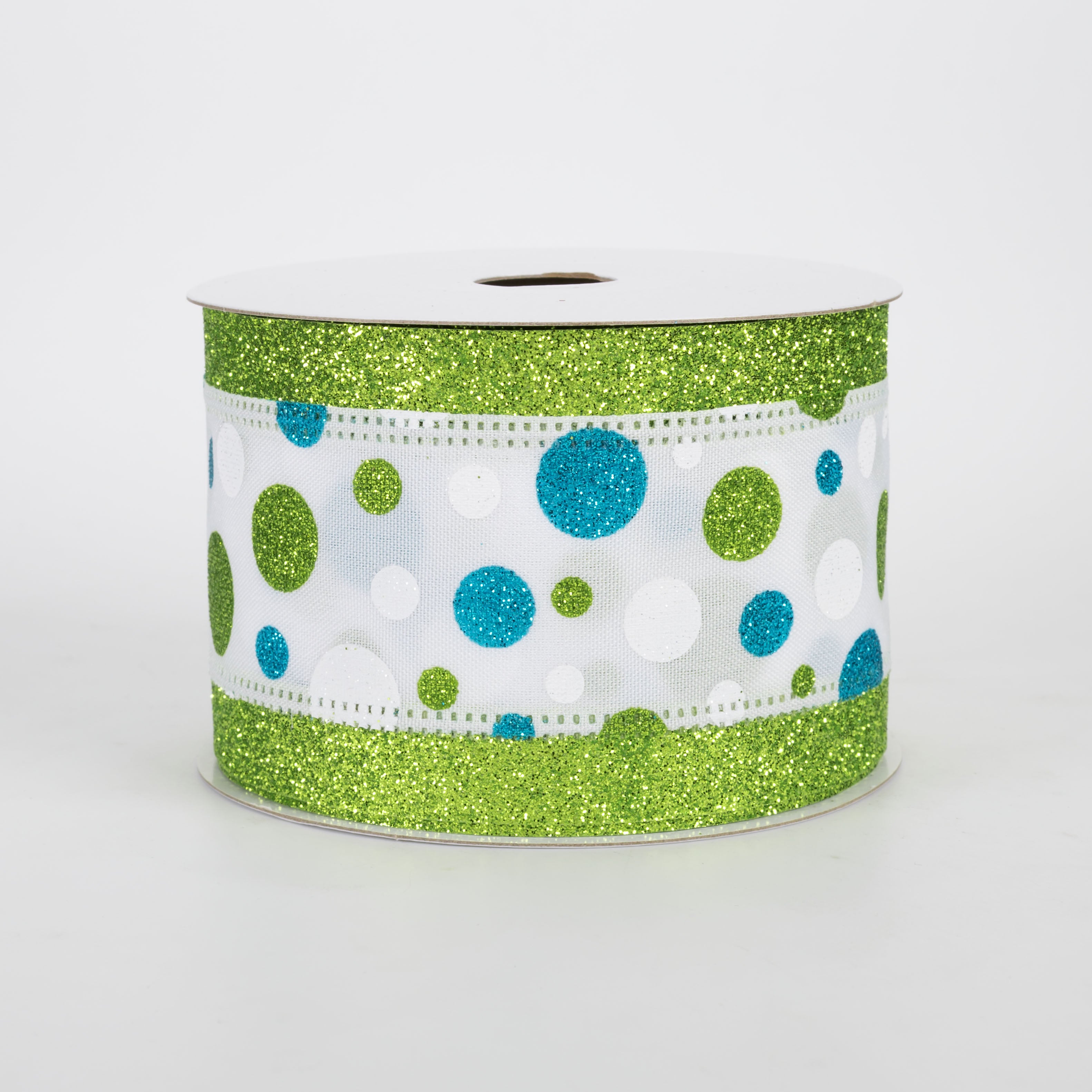 2.5" Varied Polka Dots Glitter Edge Ribbon: White, Lime, Turquoise (10 Yards)