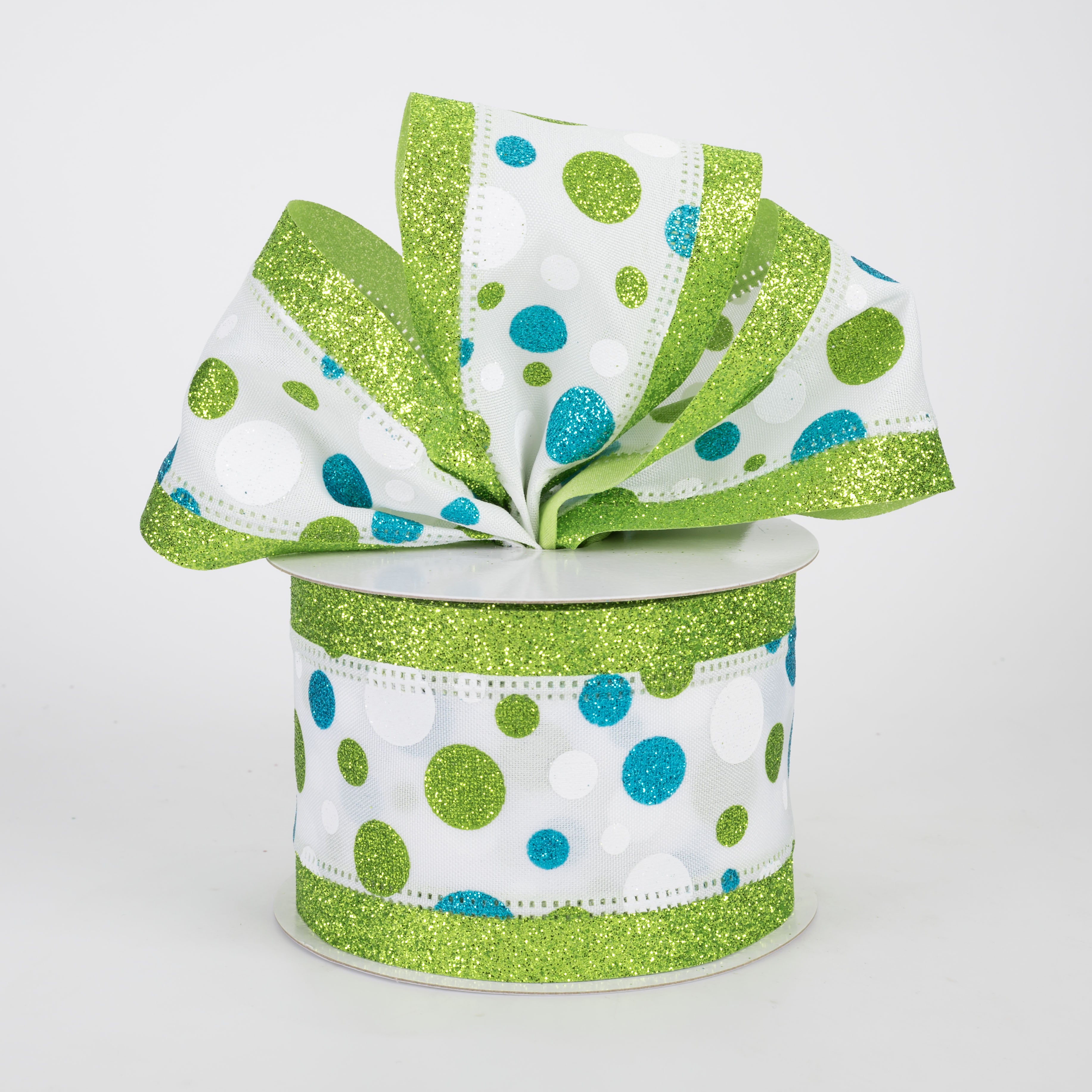 2.5" Varied Polka Dots Glitter Edge Ribbon: White, Lime, Turquoise (10 Yards)