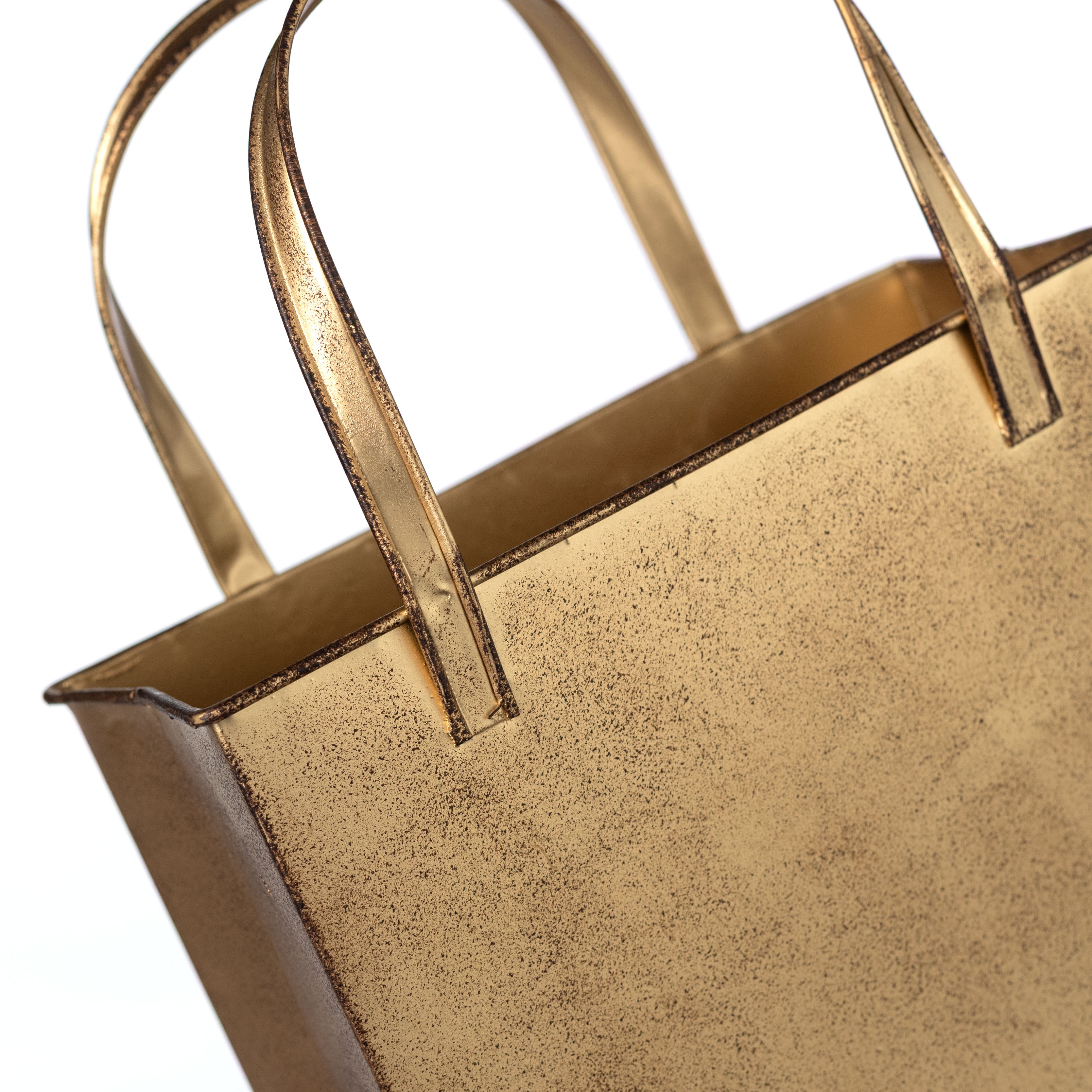10" Distressed Metal Tote Bag Container: Antique Gold