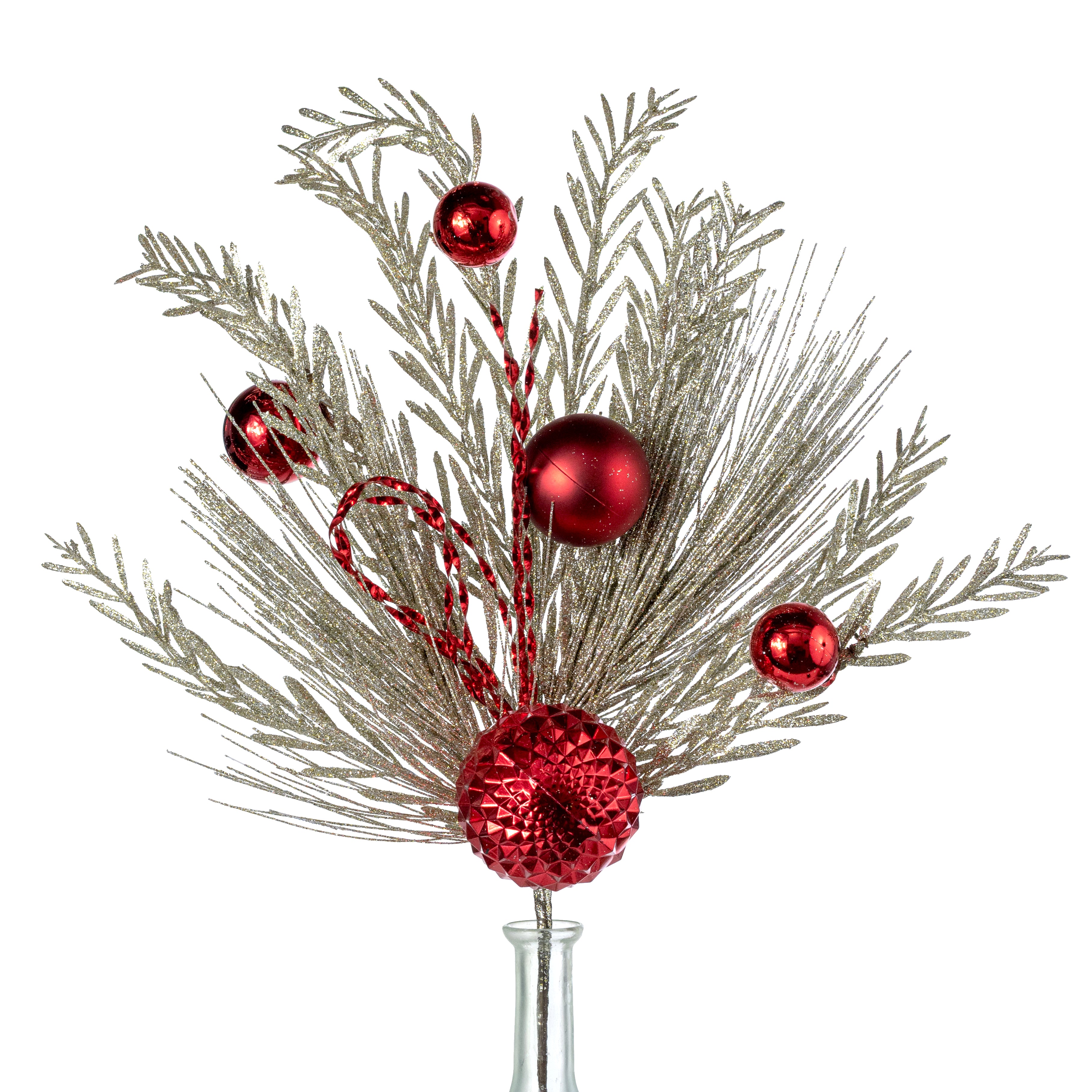 24" Mixed Needle Pine & Metallic Ball Spray: Champagne & Red