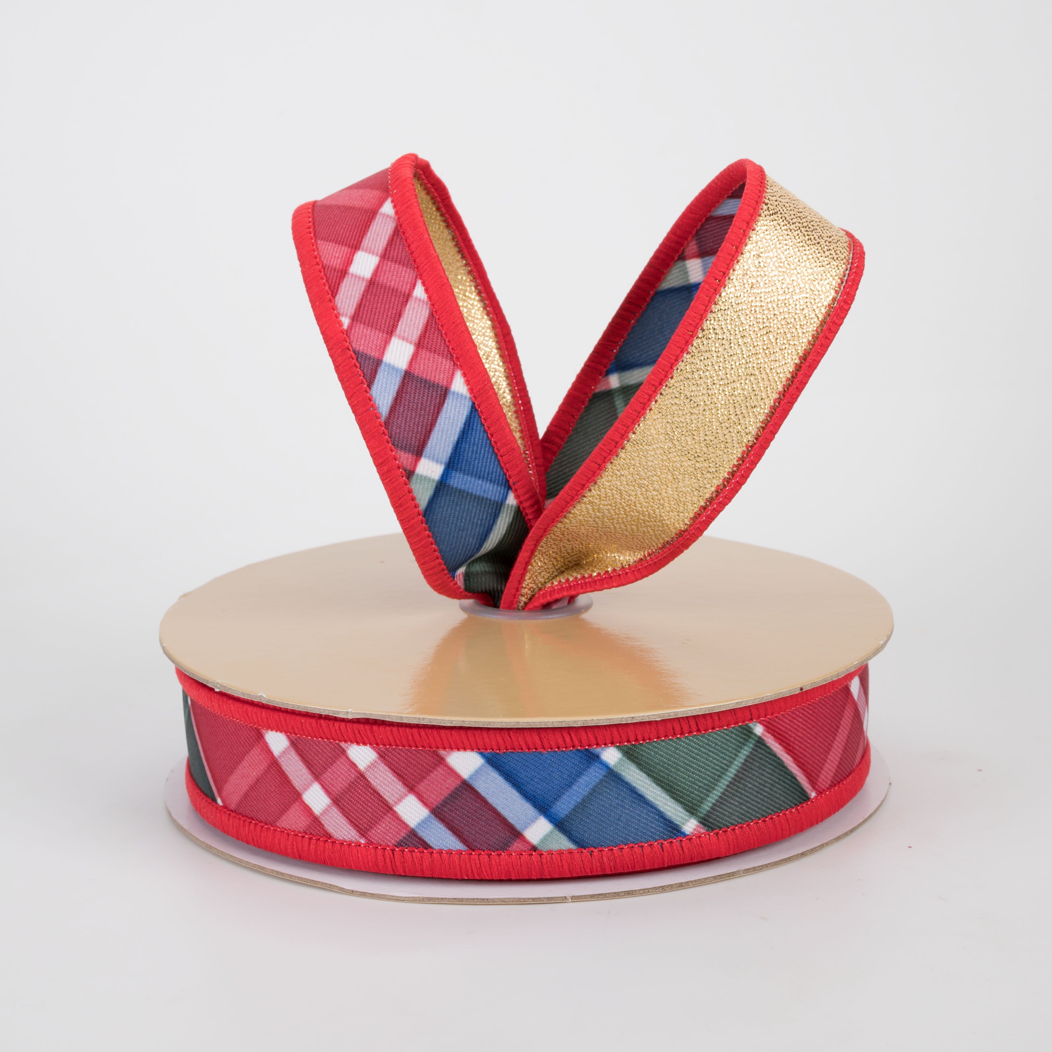 7/8" Double Sided Fused Diagonal Plaid Ribbon: Red, Emerald & Royal (10 Yards)