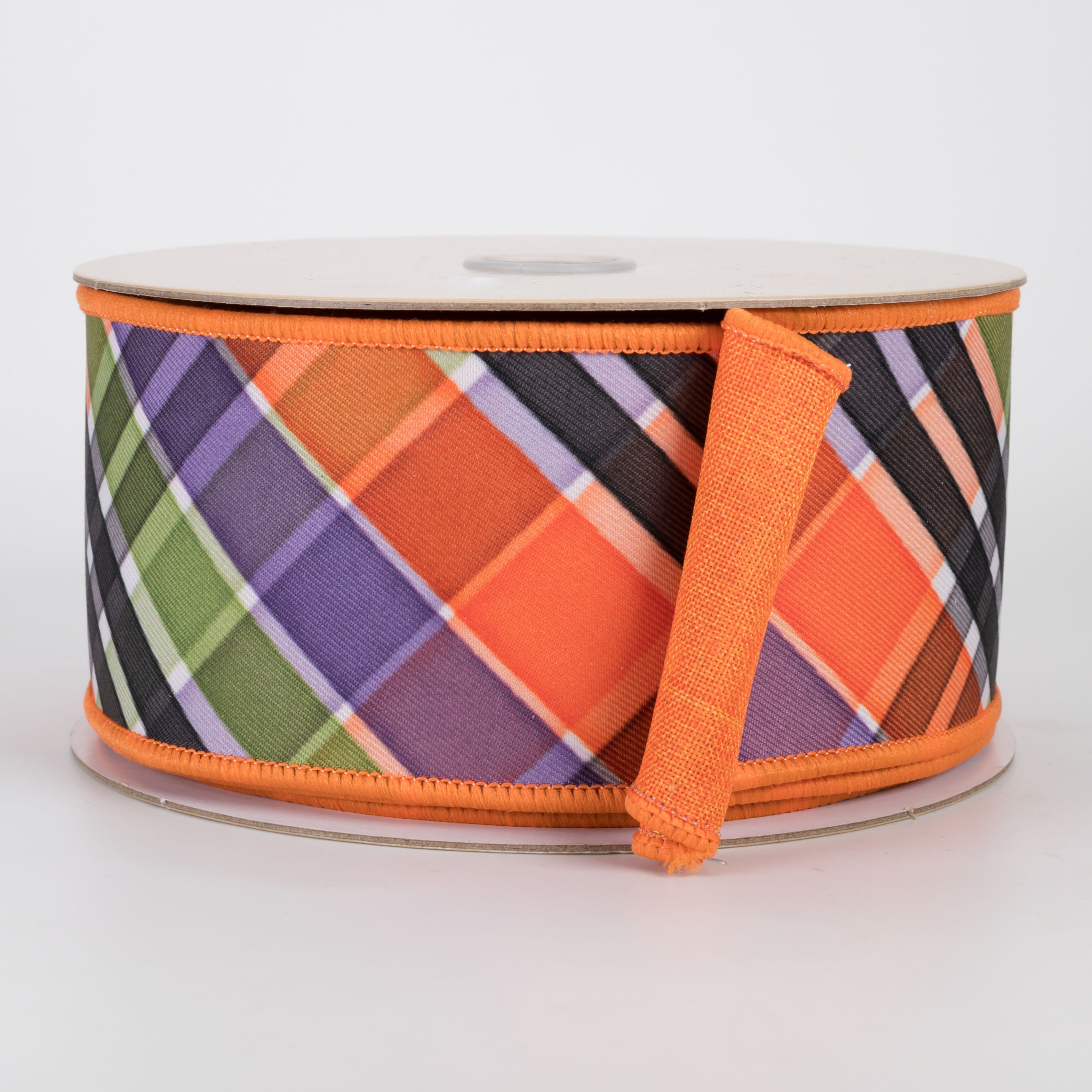 2.5" Double Sided Fused Halloween Plaid Ribbon: Orange, Lime & Purple (10 Yards)