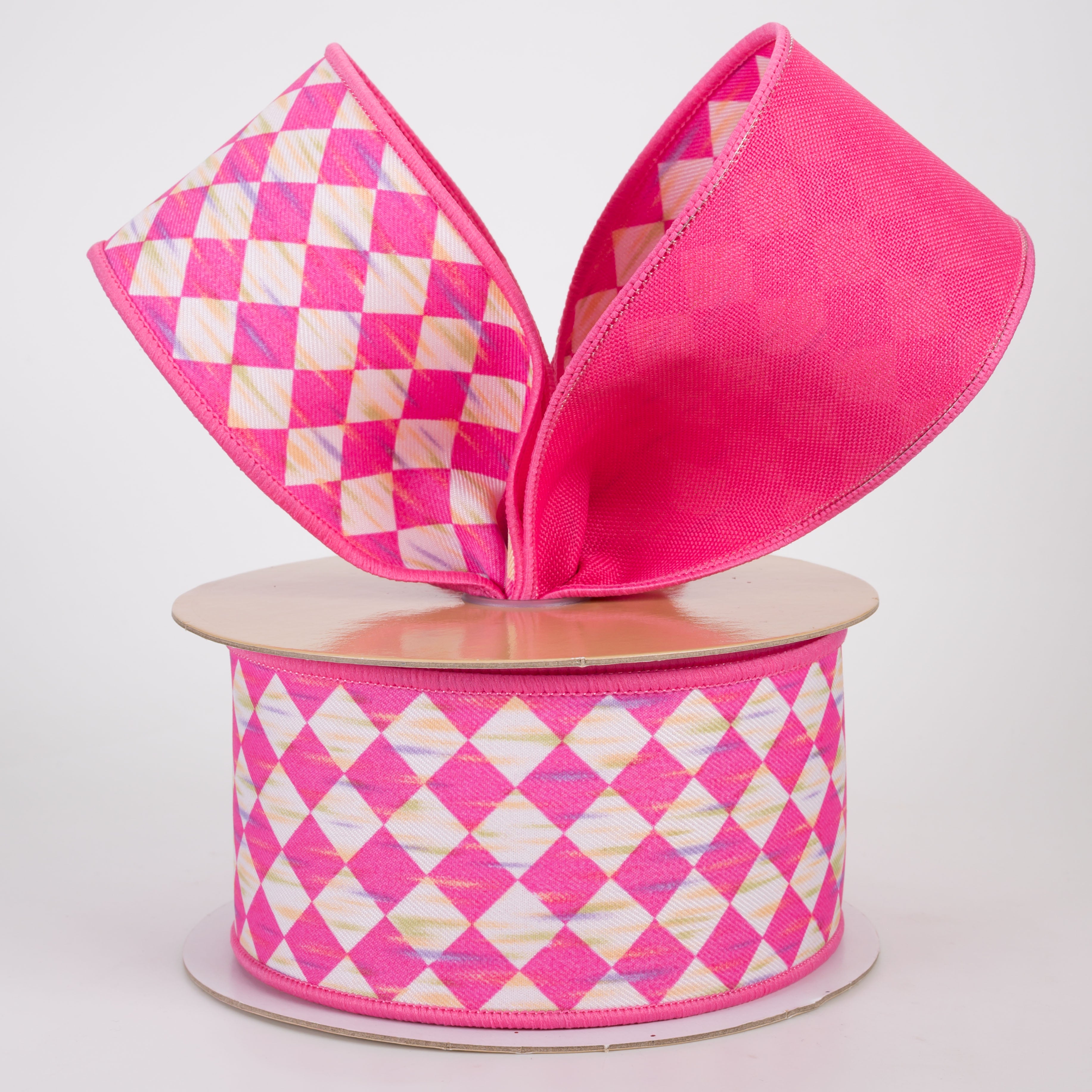 2.5" Double Sided Fused Antique Diamond Harlequin Ribbon: Hot Pink & White (10 Yards)