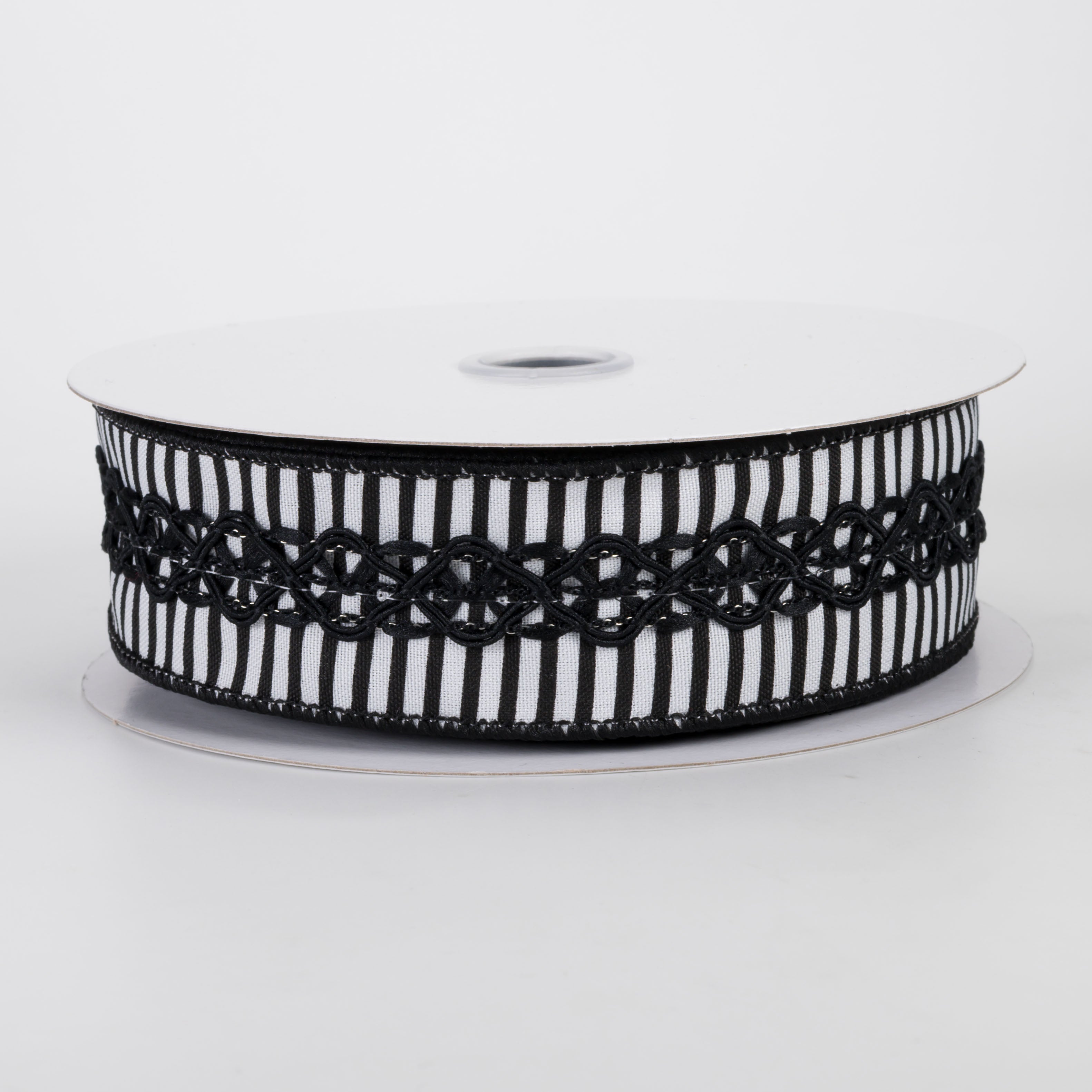 1.5" Horizontal Thin Stripes & Lace Ribbon: White & Black (10 Yards)