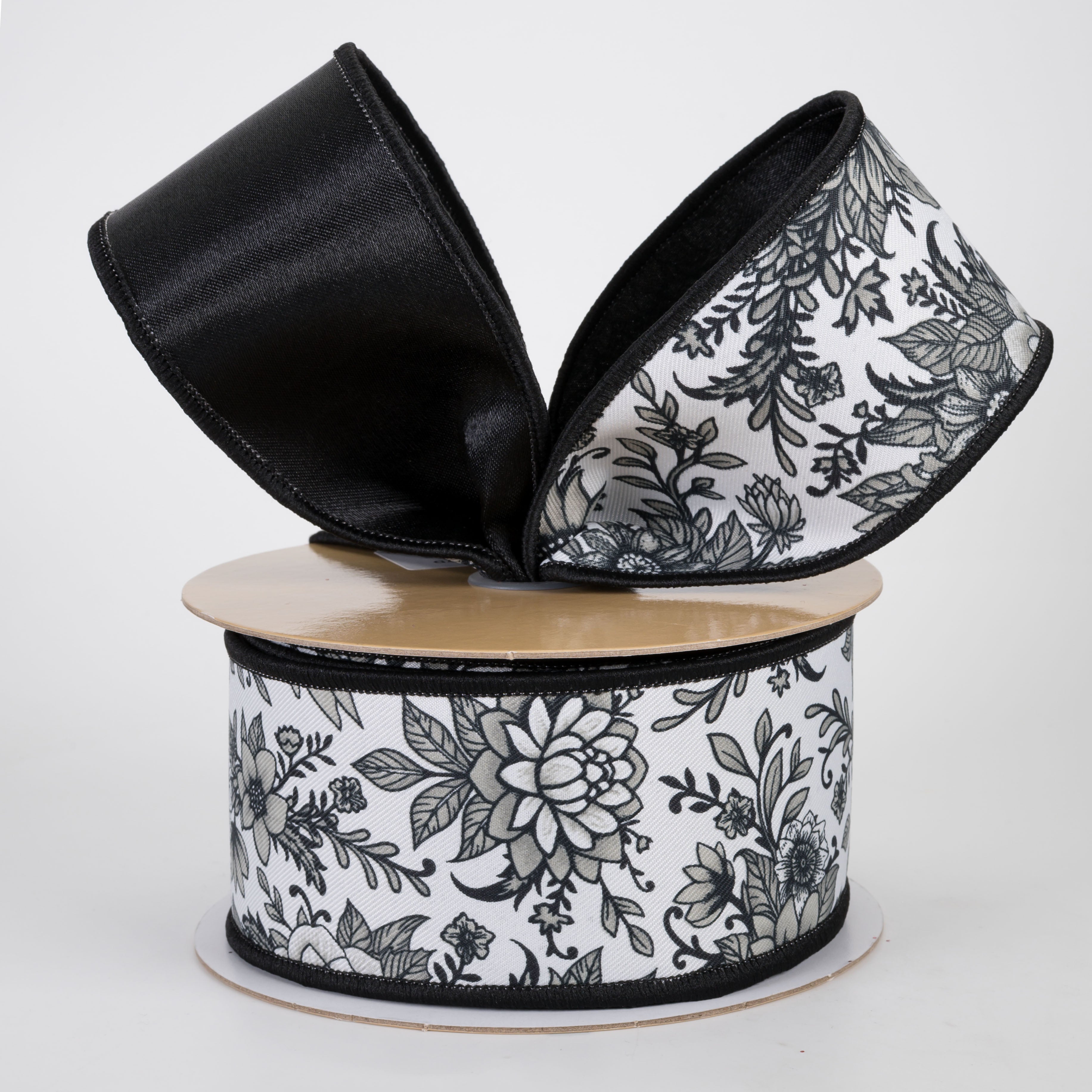 2.5" Double Sided Fused Chinoiserie Floral Ribbon: White & Black (10 Yards)