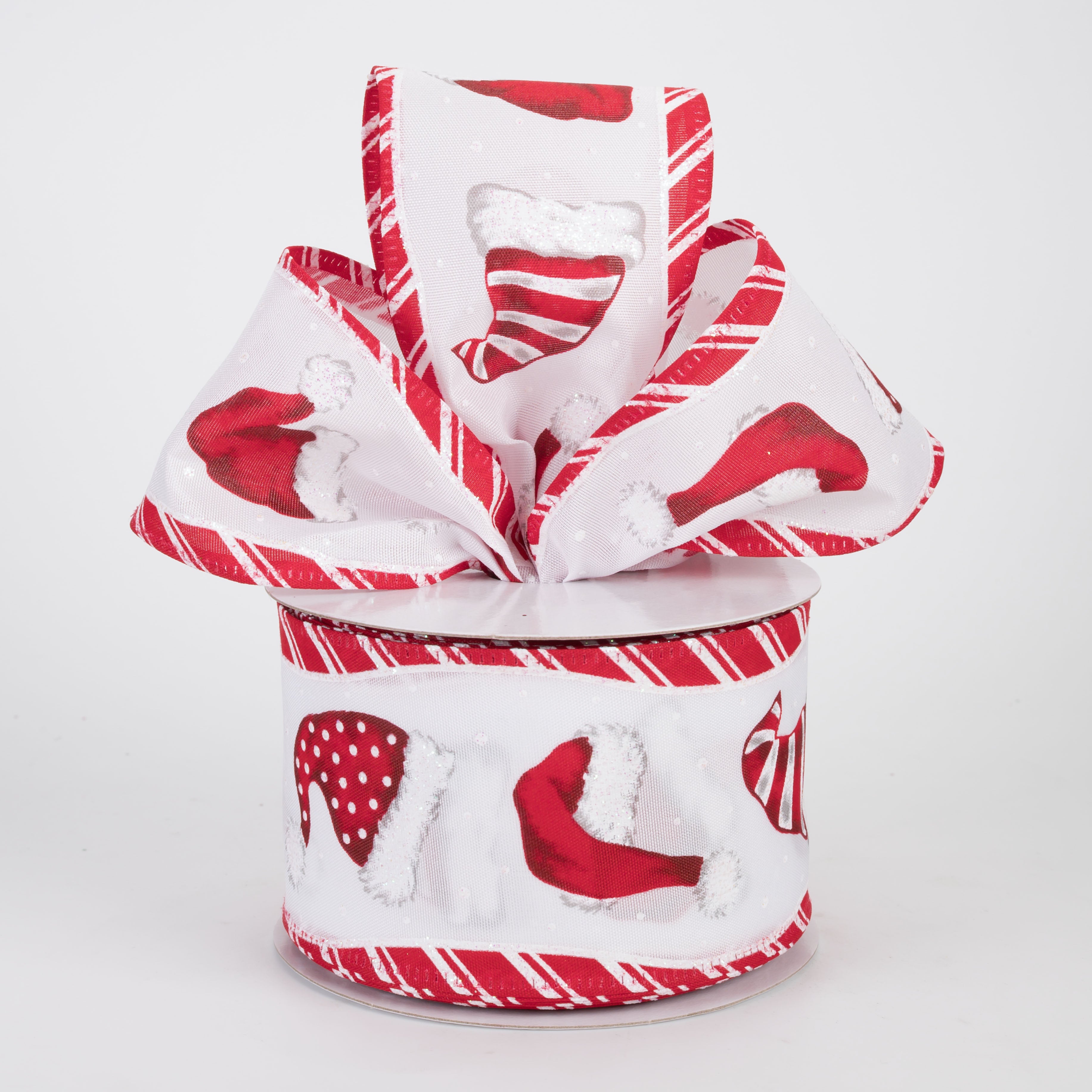 2.5" Santa Hats Peppermint Swirl Edge Satin Ribbon: White & Red (10 Yards)