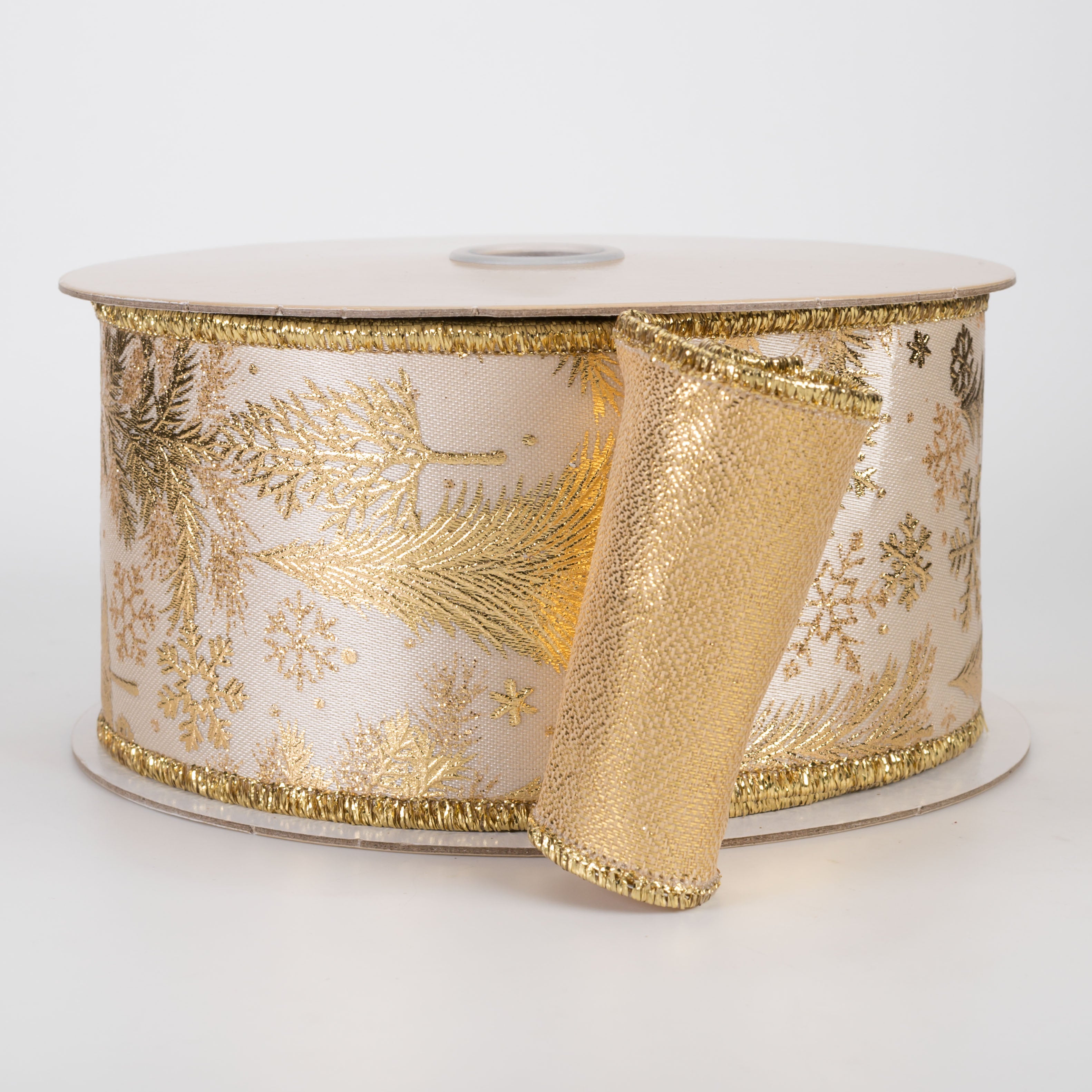 2.5" Double Sided Fused Foil Tree Ribbon: Cream & Gold (10 Yards)