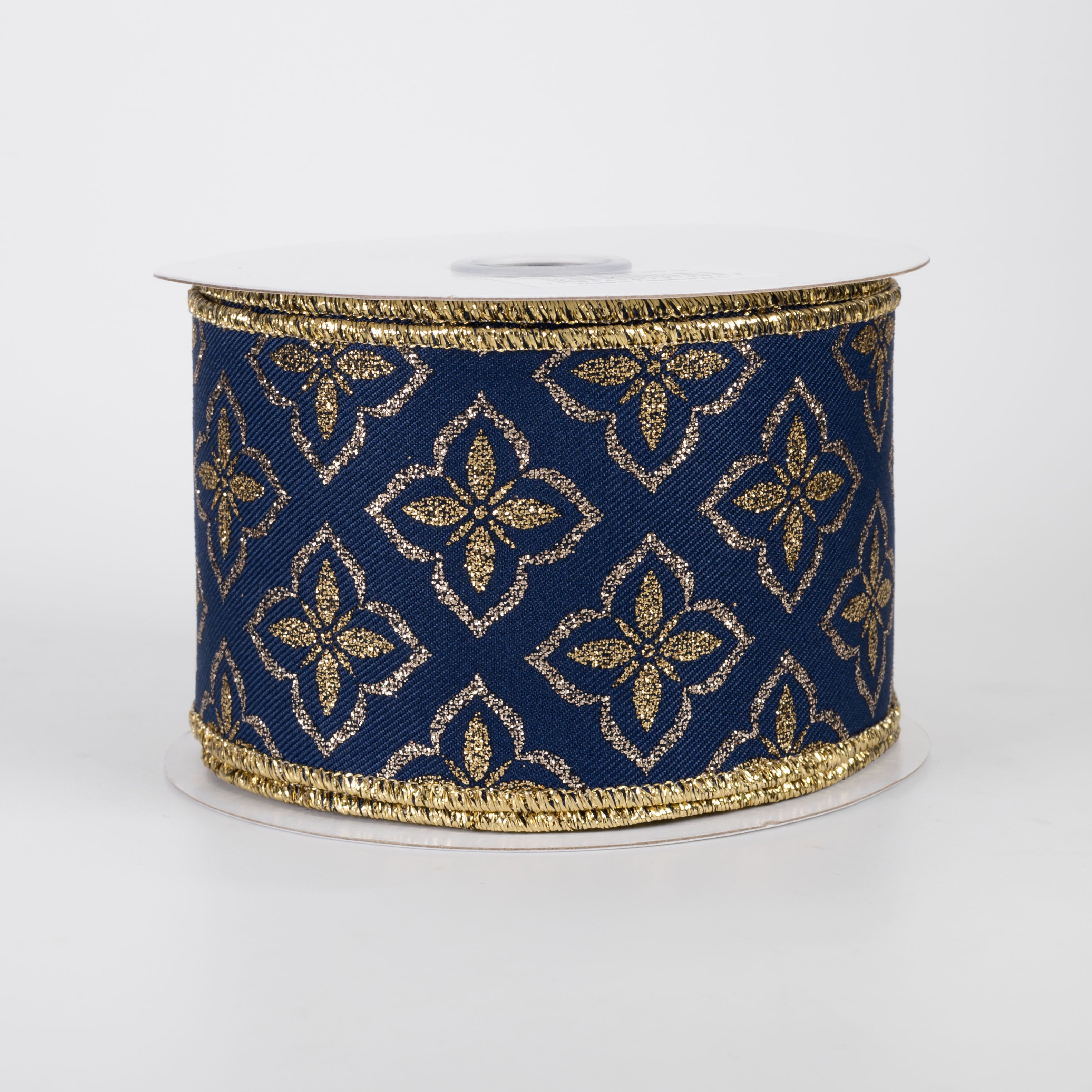 2.5" Quatrefoil Glitter Petals Ribbon: Navy & Gold (10 Yards)