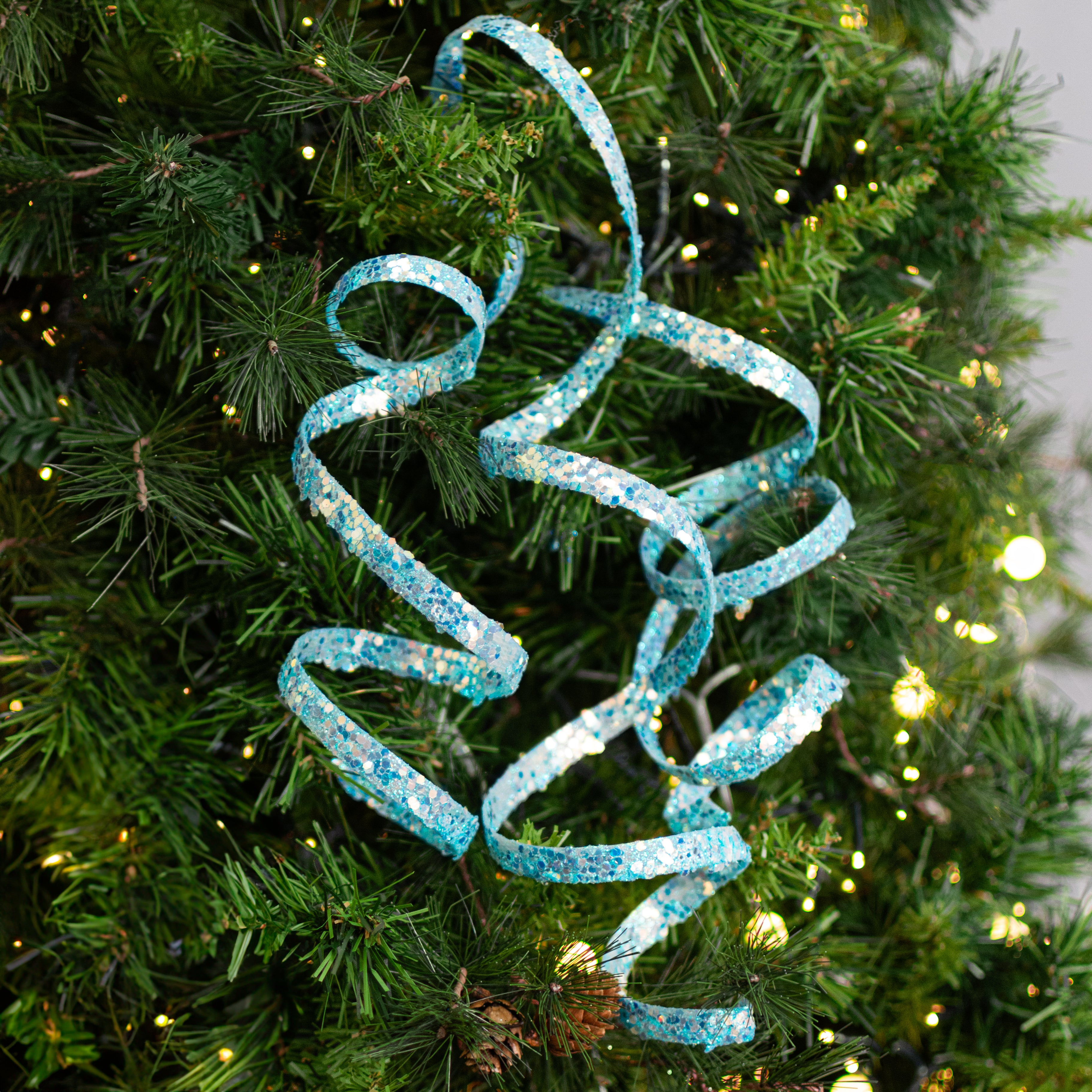 22" Glitter Curly Ribbon Hanging Spray: Iridescent Soft Blue