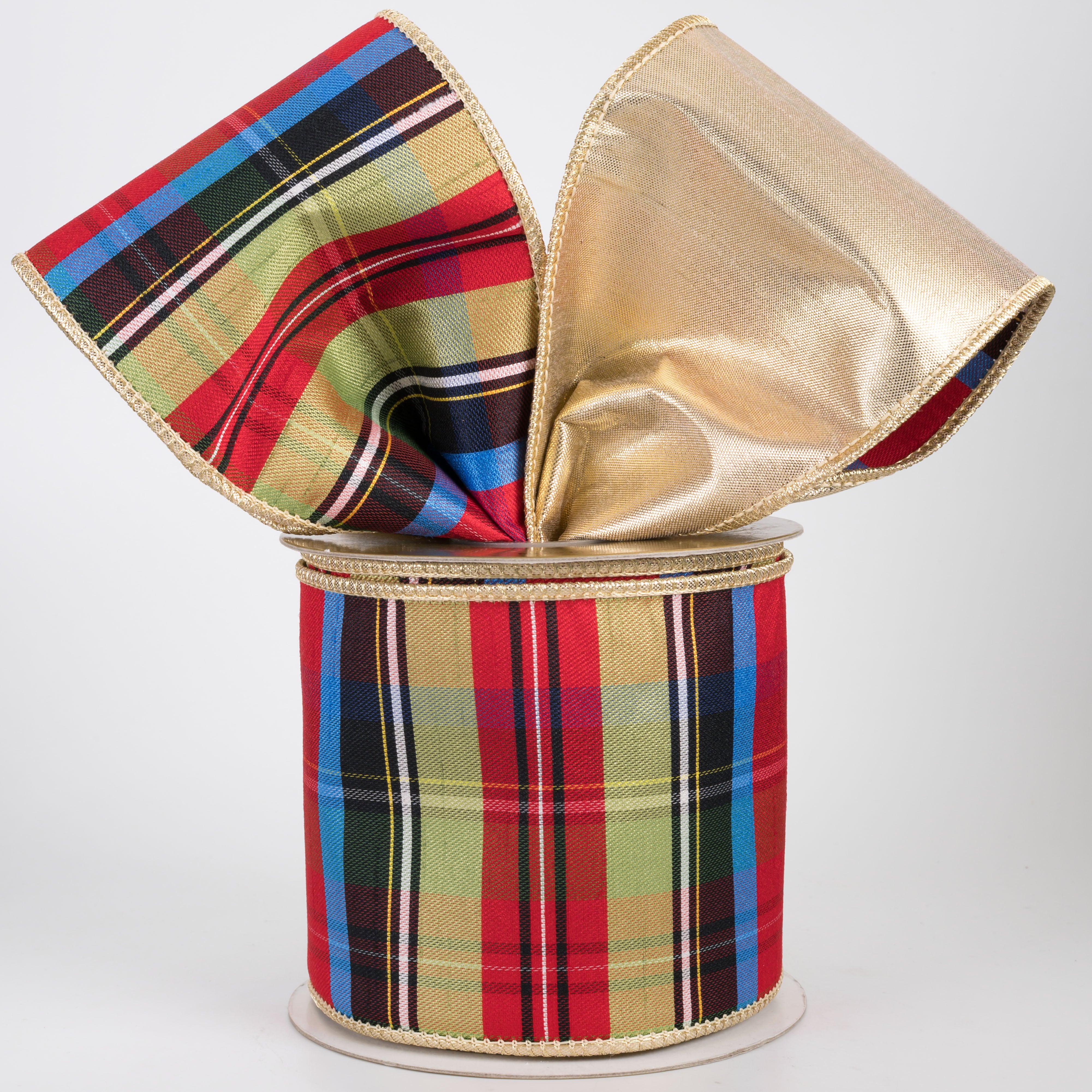 4" Designer Double Sided Dupioni Plaid Ribbon: Multicolor (10 Yards)