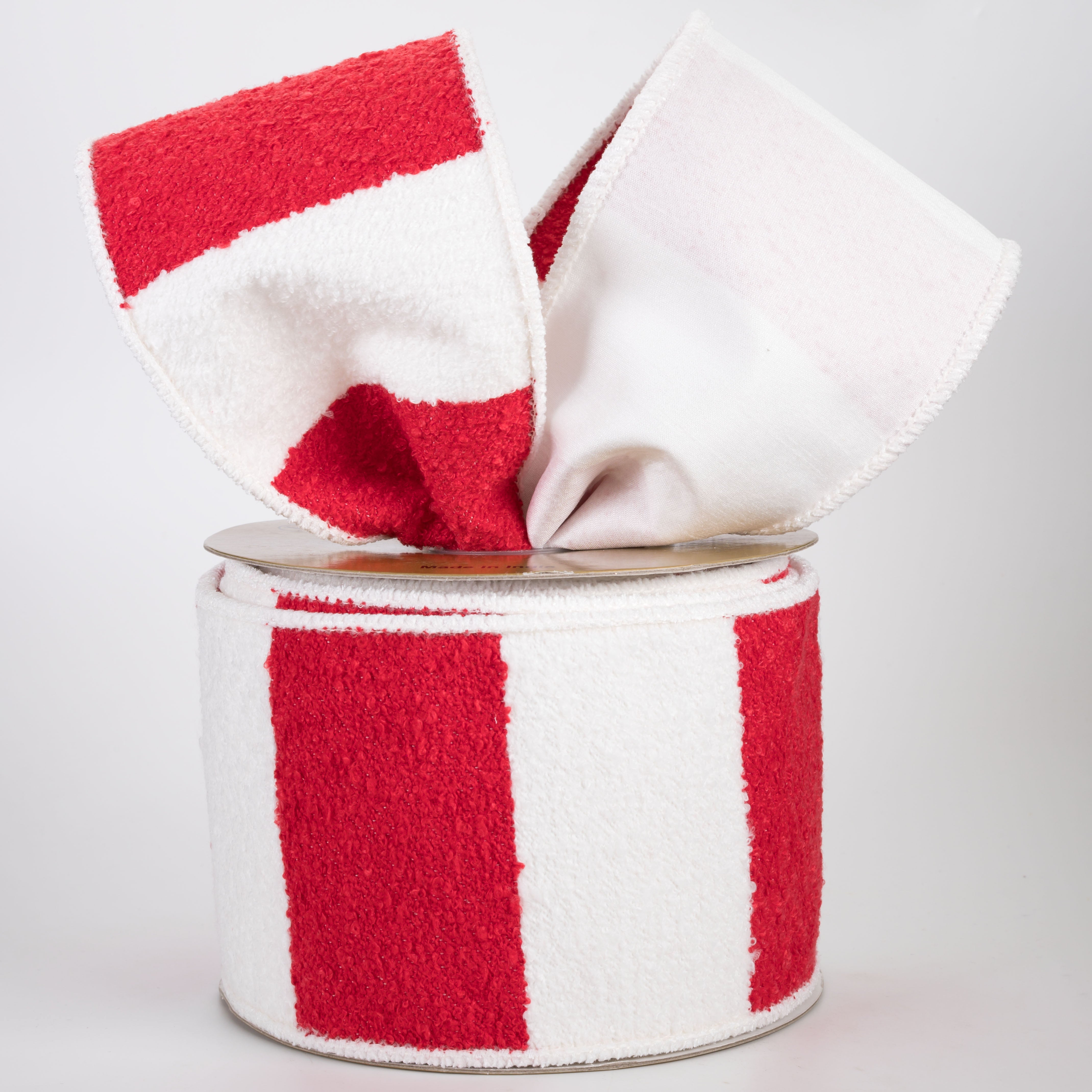 4" Designer Terry Cloth Stripe Ribbon: Red & White (10 Yards)