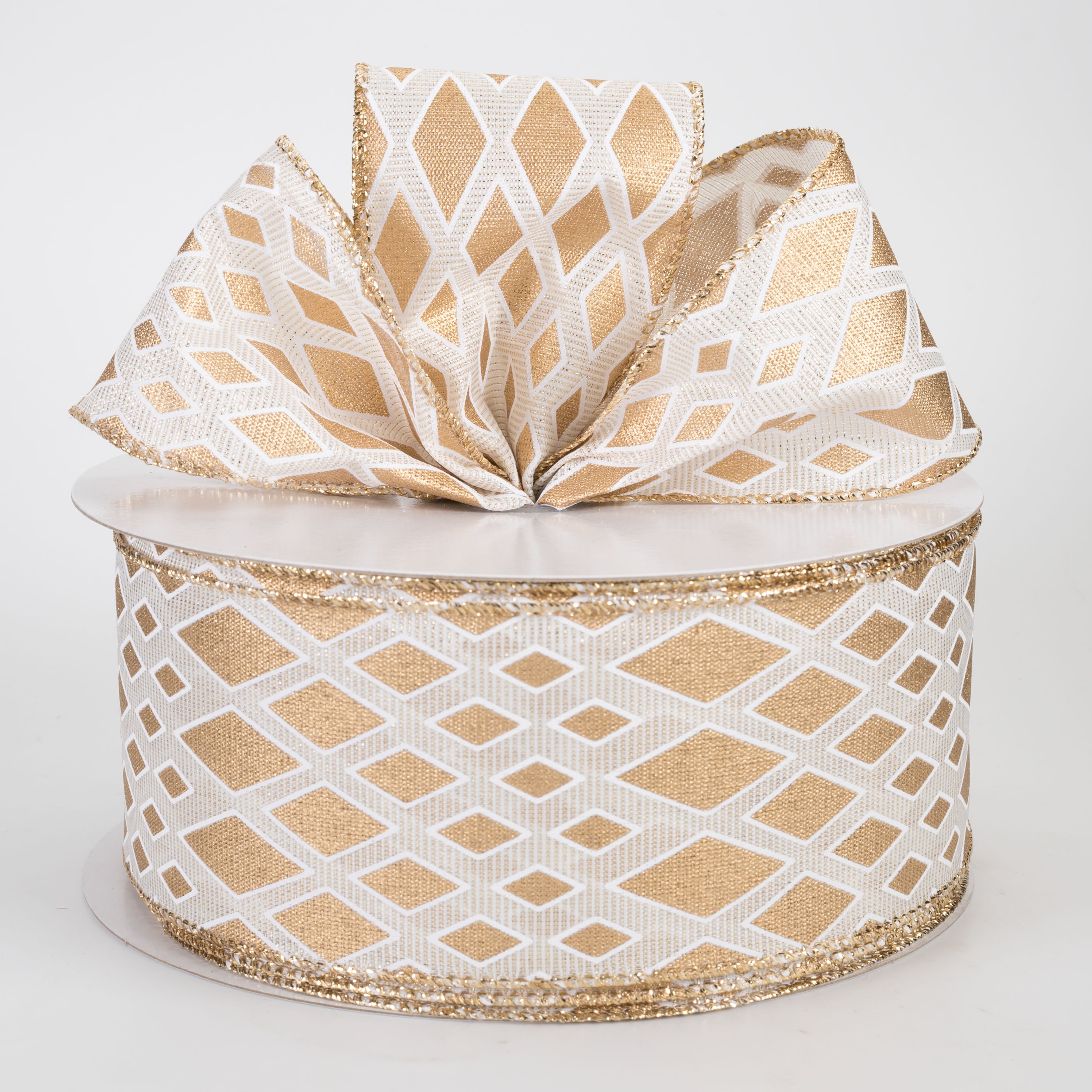 2.5" Linen Diamond Cascade Ribbon: Gold on Ivory (50 Yards)