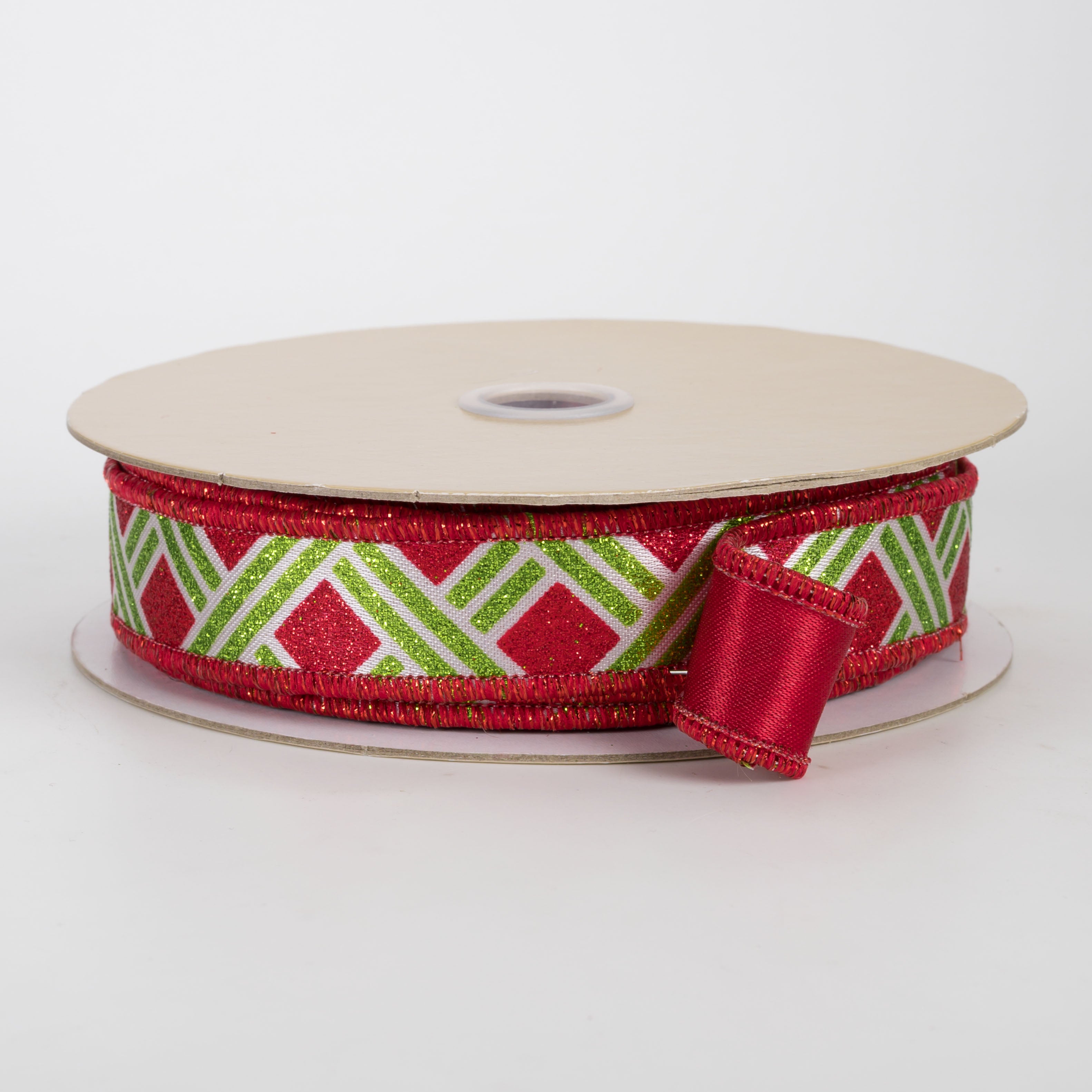 7/8" Double Sided Fused Metallic Basketweave Ribbon: Lime Green & Red (10 Yards)