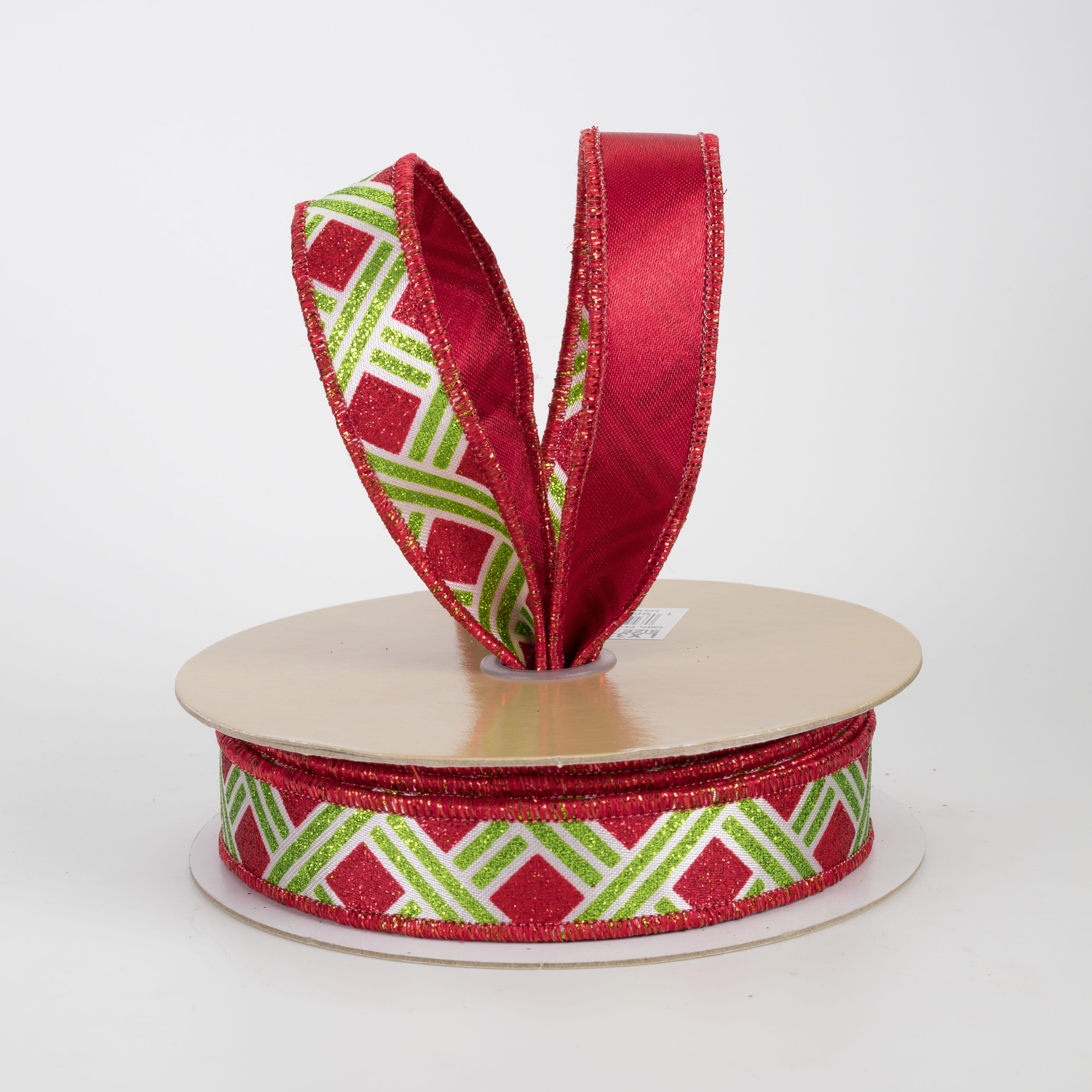 7/8" Double Sided Fused Metallic Basketweave Ribbon: Lime Green & Red (10 Yards)