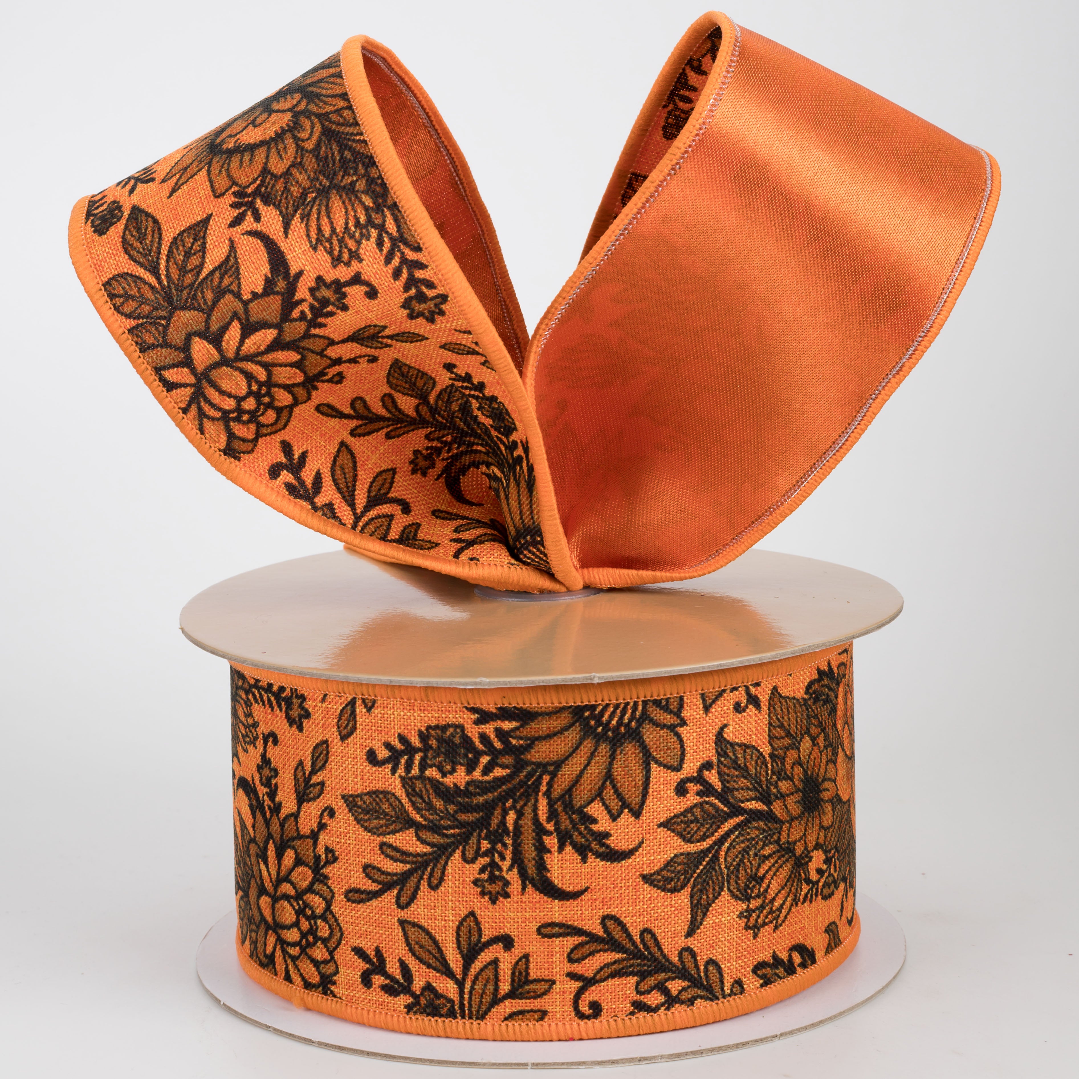 2.5" Double Sided Fused Chinoiserie Floral Ribbon: Orange & Black (10 Yards)
