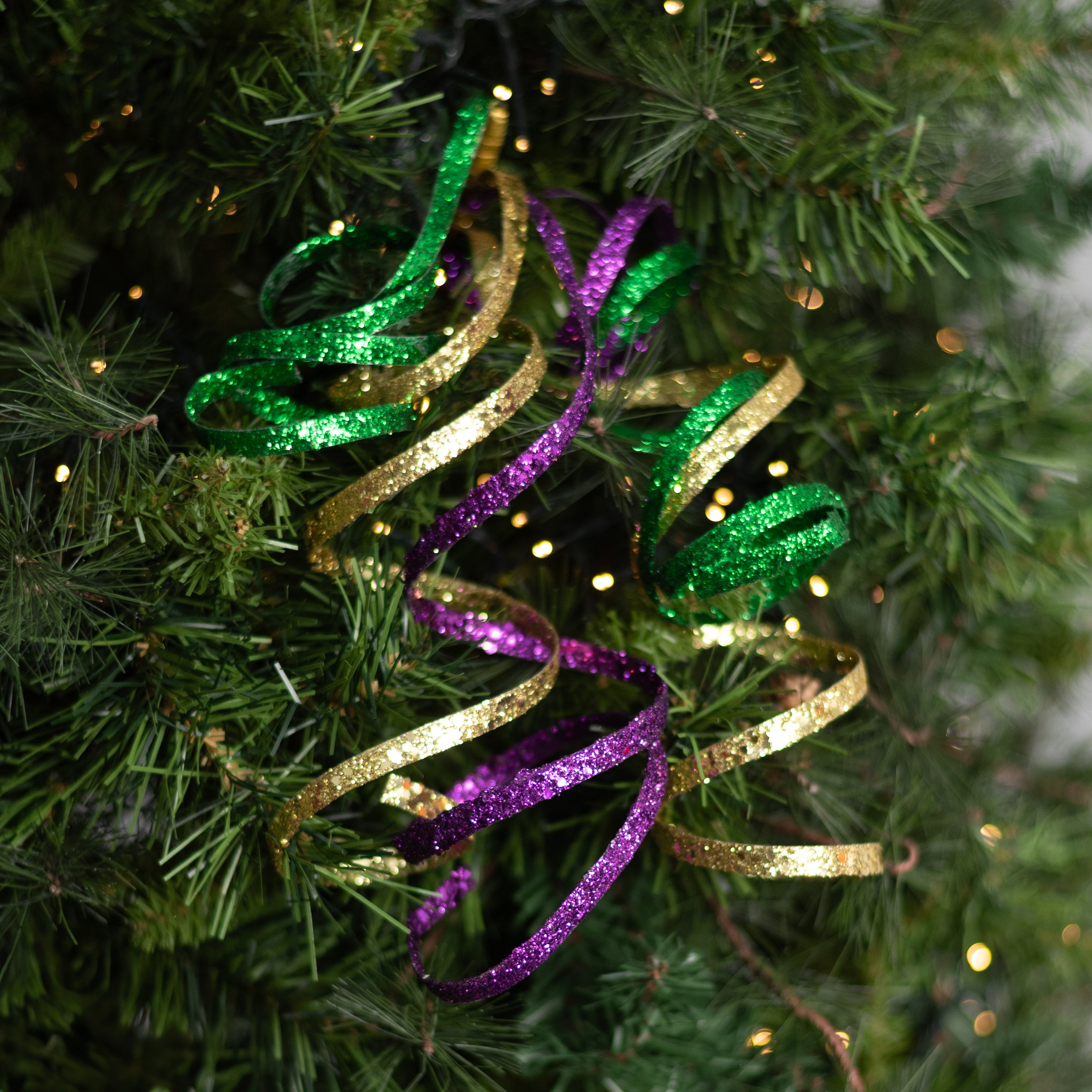 32" Curly Glitter Ribbon Spray: Mardi Gras