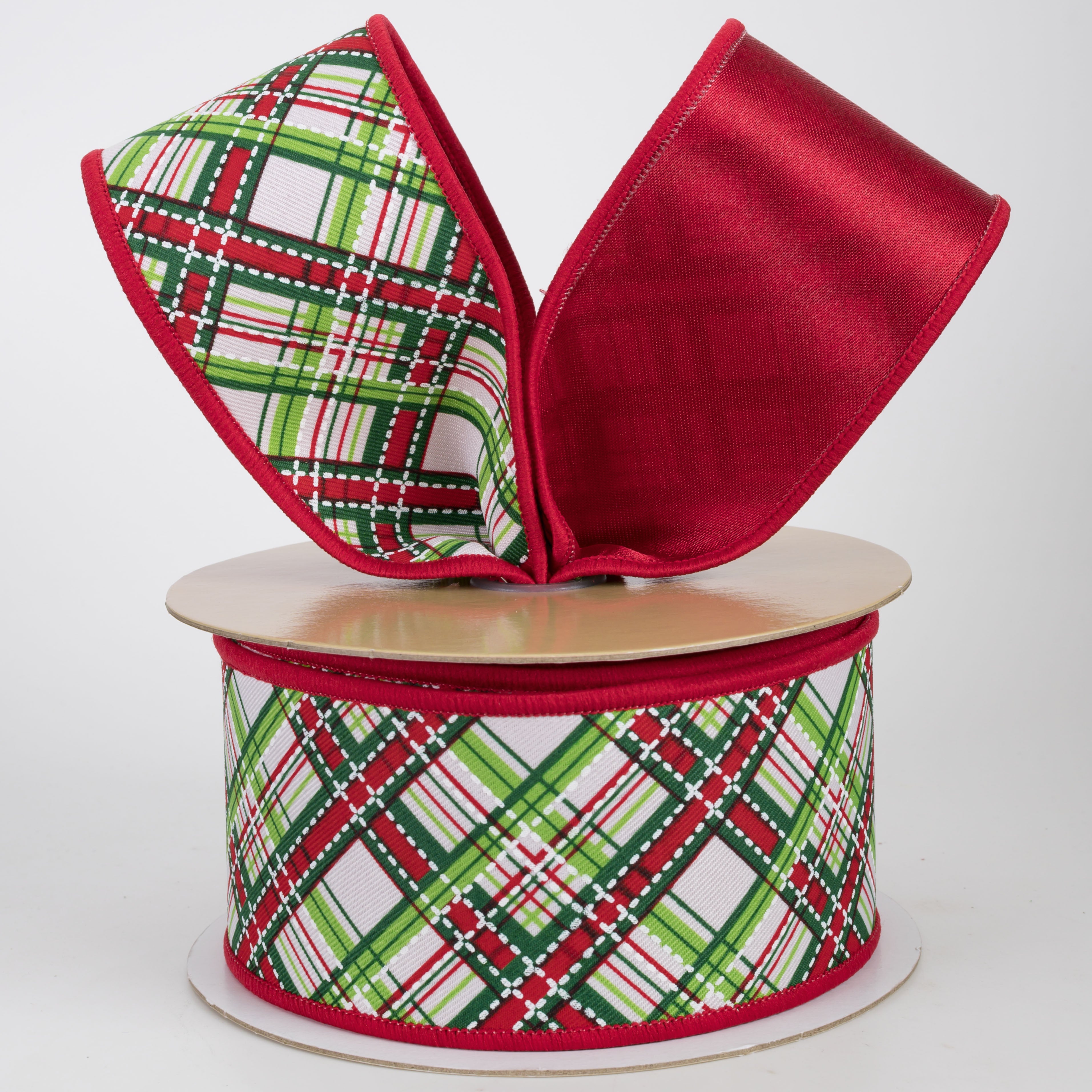 2.5" Double Sided Fused Diagonal Dash Plaid Ribbon: Christmas (10 Yards)