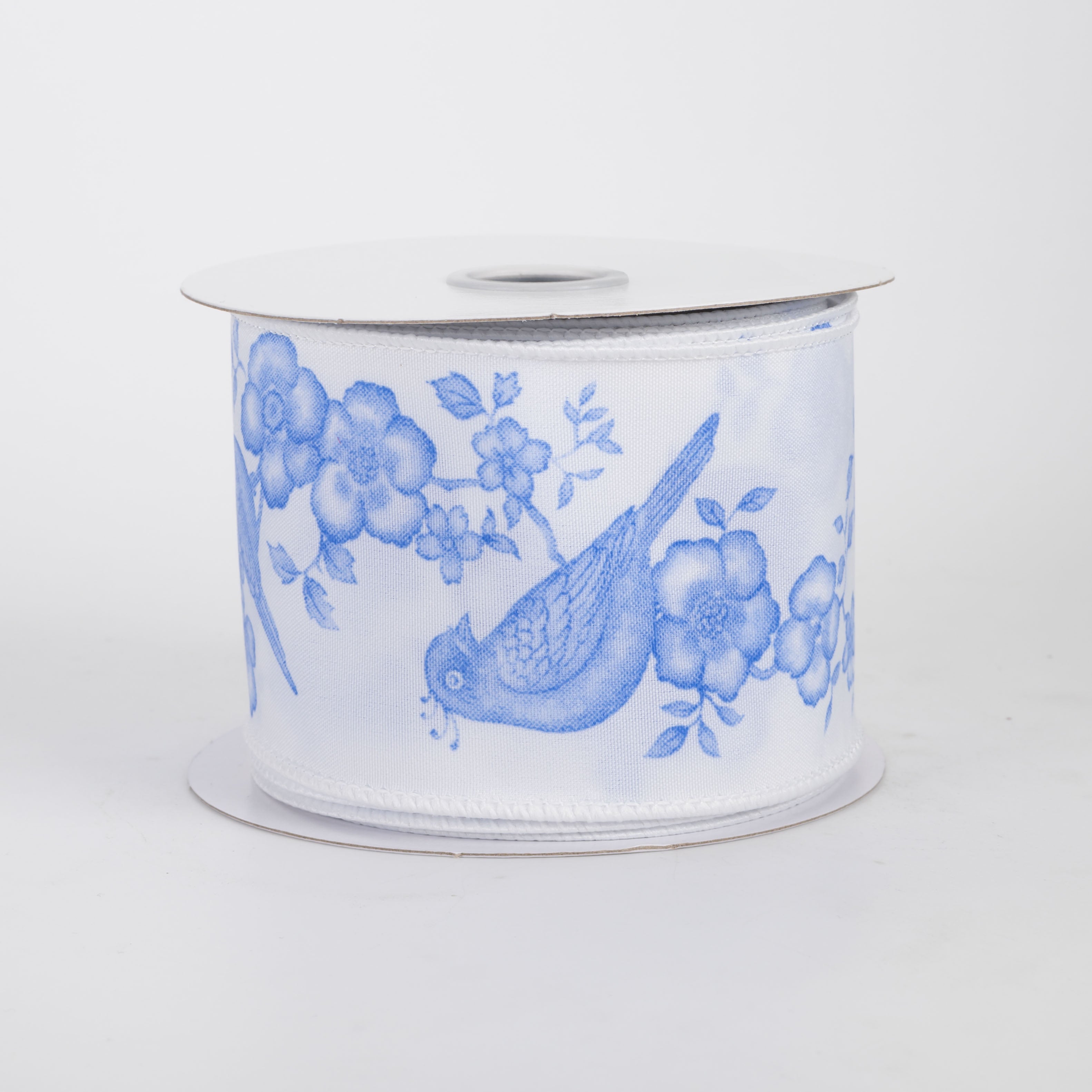 2.5" Chinoiserie Floral Bird Ribbon: Blue & White (10 Yards)