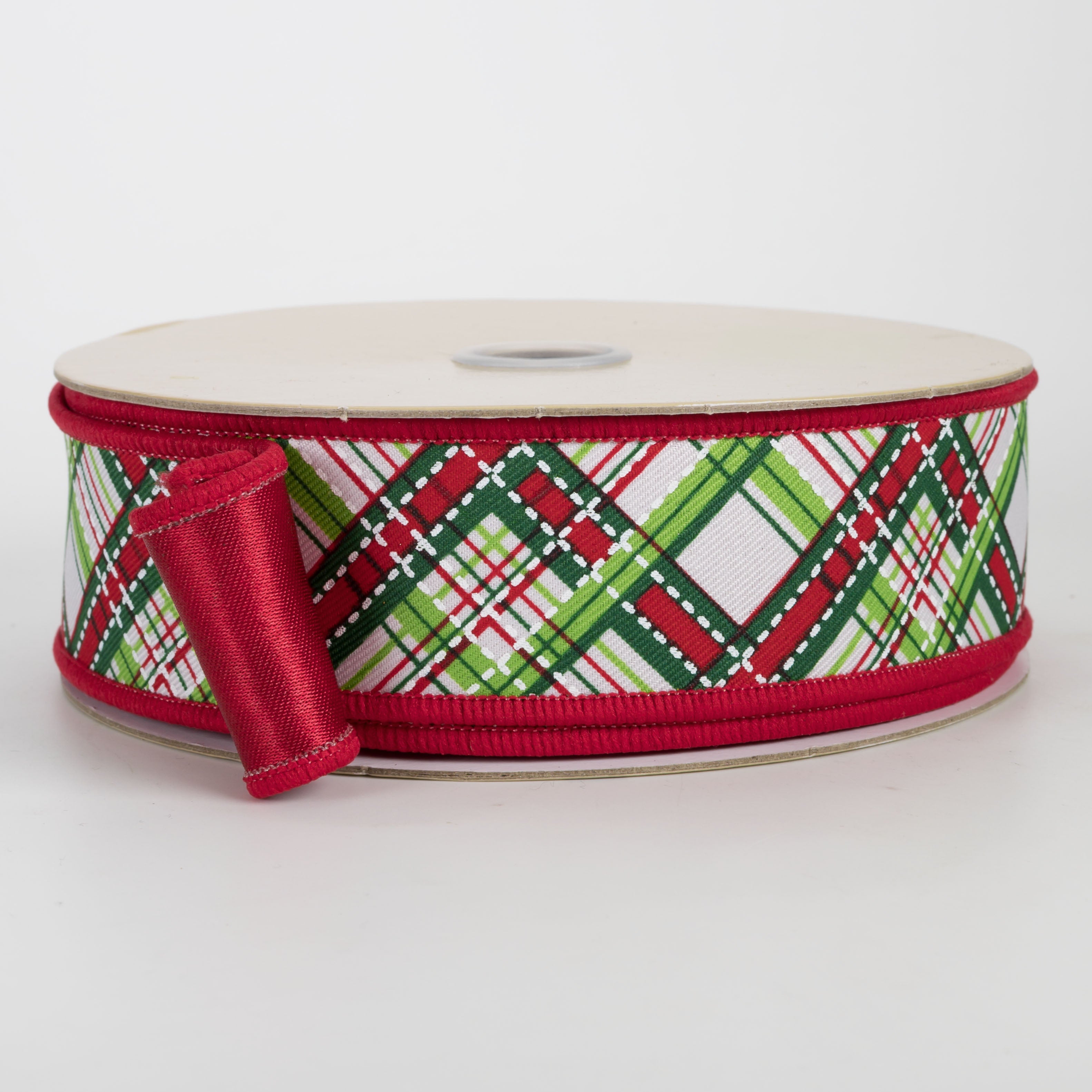 1.5" Double Sided Fused Diagonal Dash Plaid Ribbon: Christmas (10 Yards)