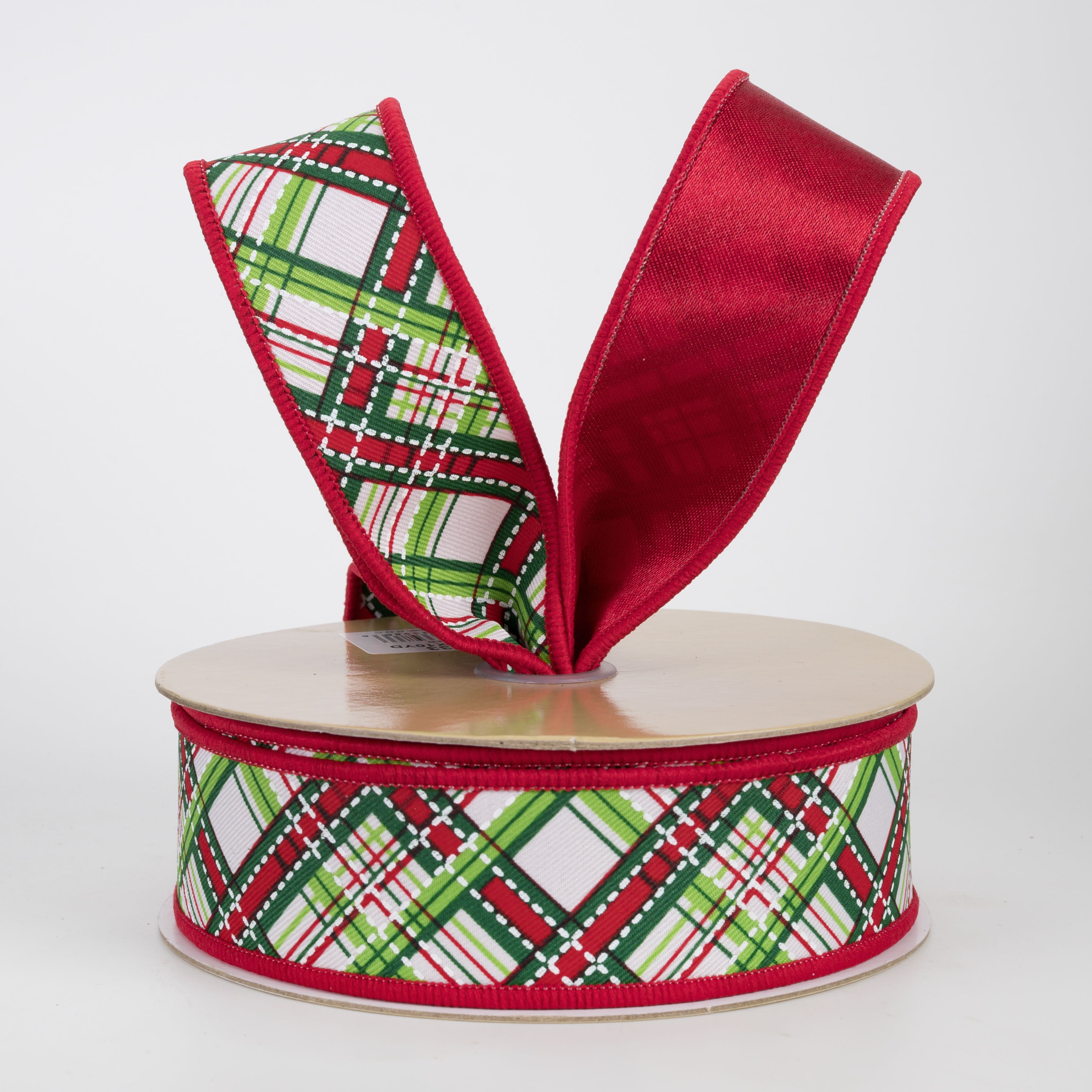 1.5" Double Sided Fused Diagonal Dash Plaid Ribbon: Christmas (10 Yards)