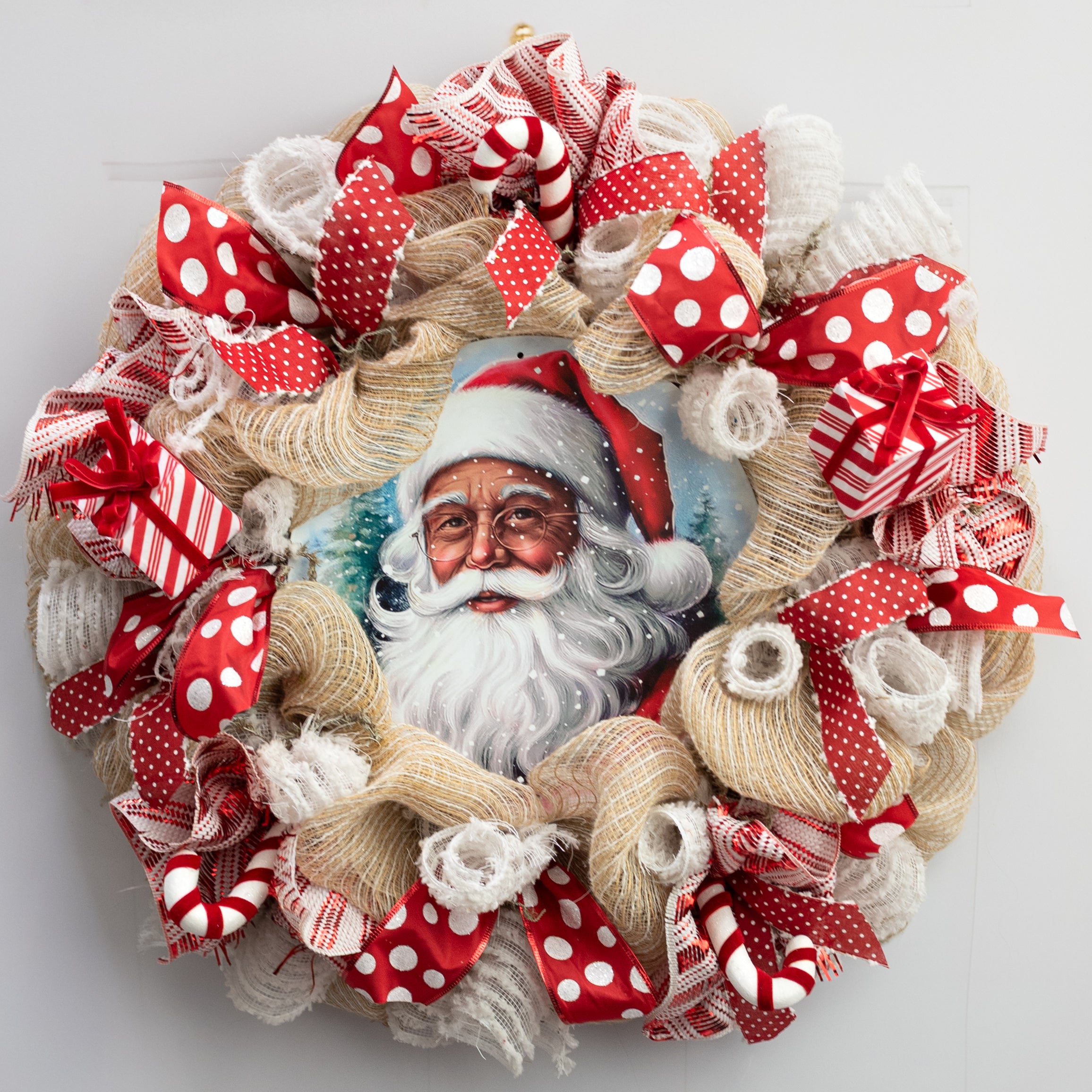 12" Round Metal Sign: Brown Santa Portrait