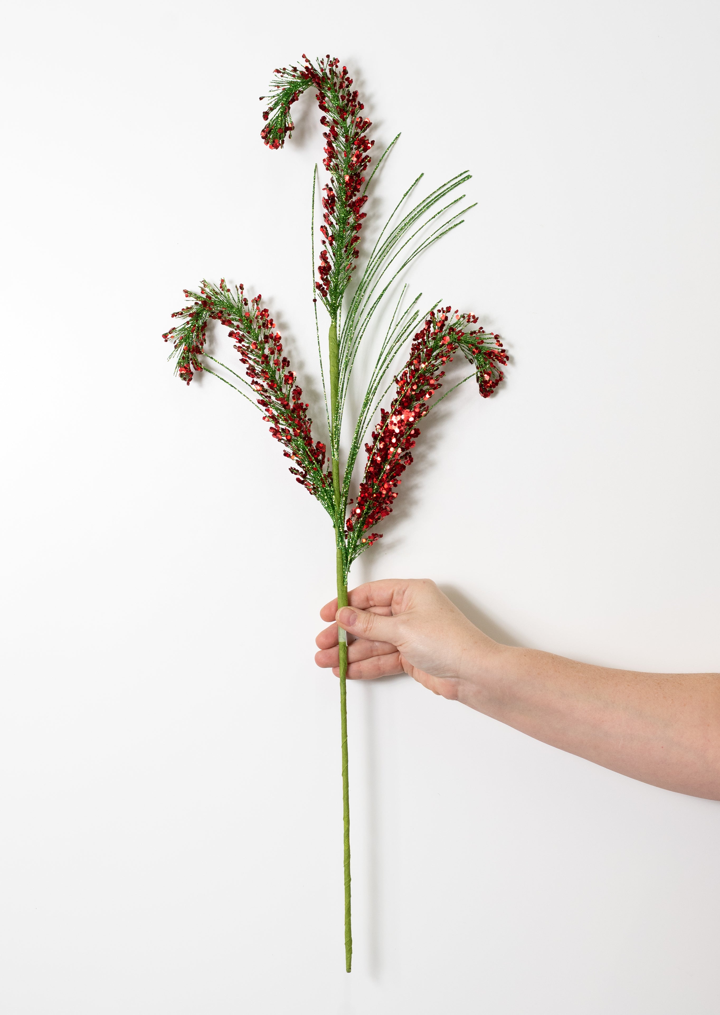 27" Glitter Fuzzy Grasses Spray: Green & Red