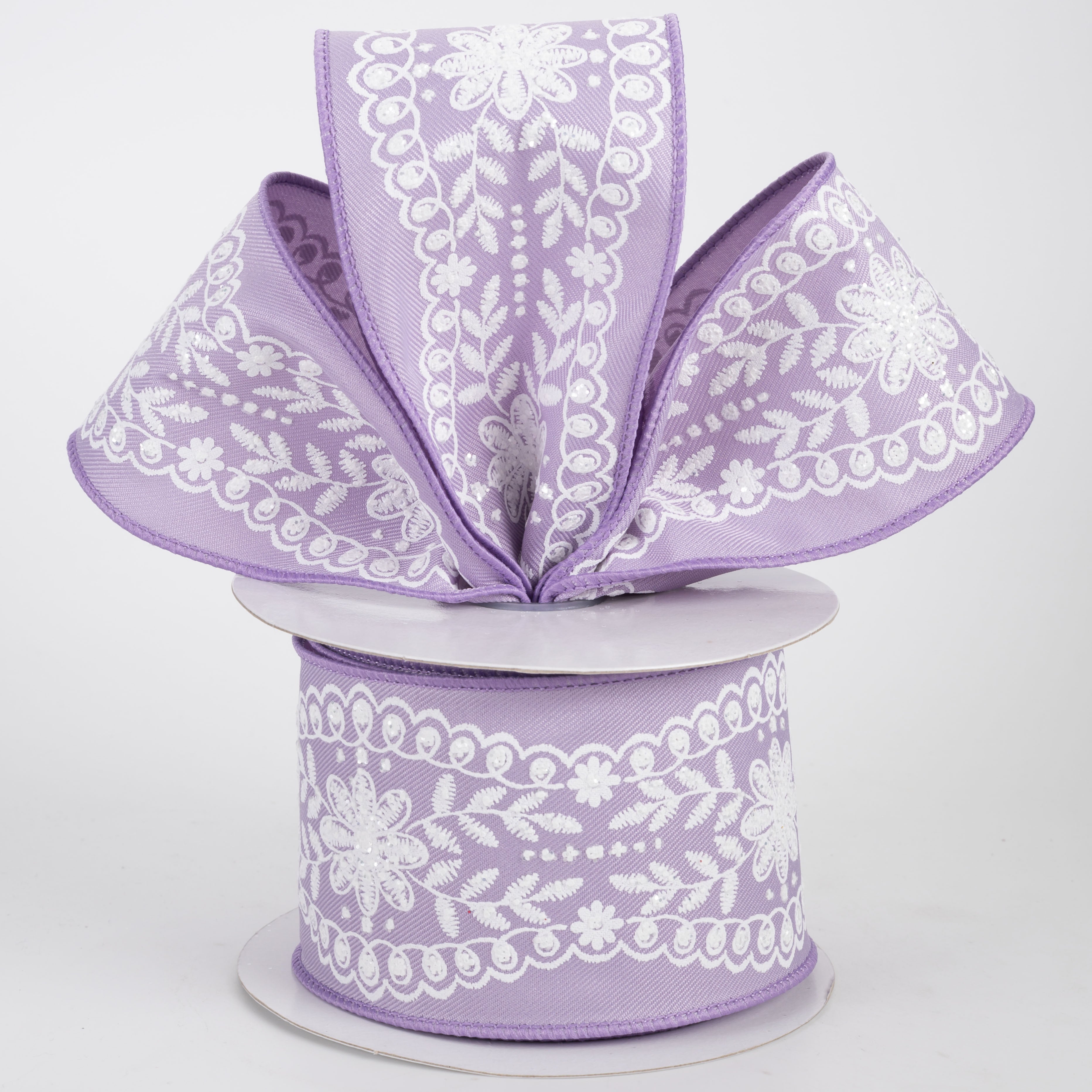 2.5" Glittered Floral Lace Trim Ribbon: White on Lavender (10 Yards)