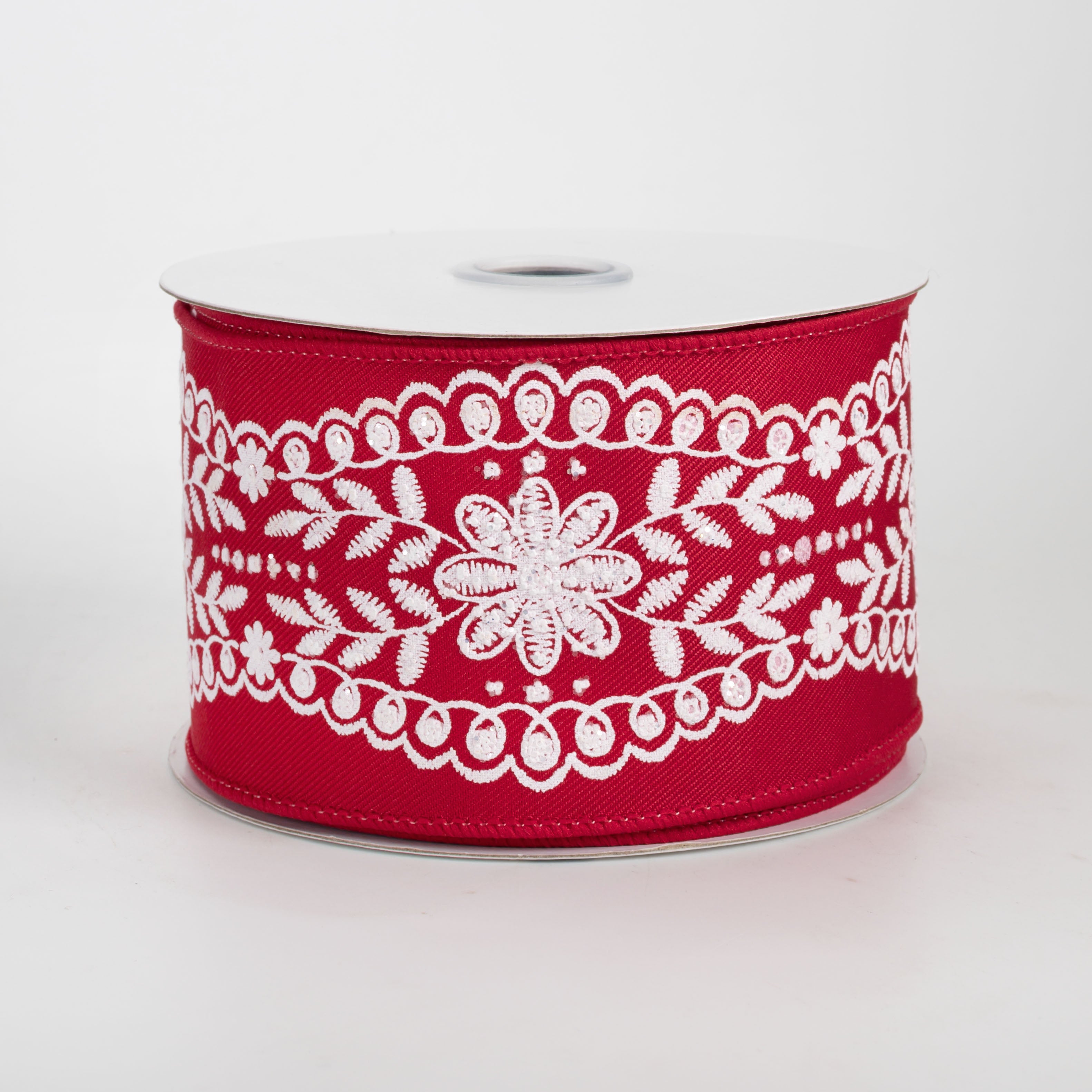 2.5" Glittered Floral Lace Trim Ribbon: White on Red (10 Yards)