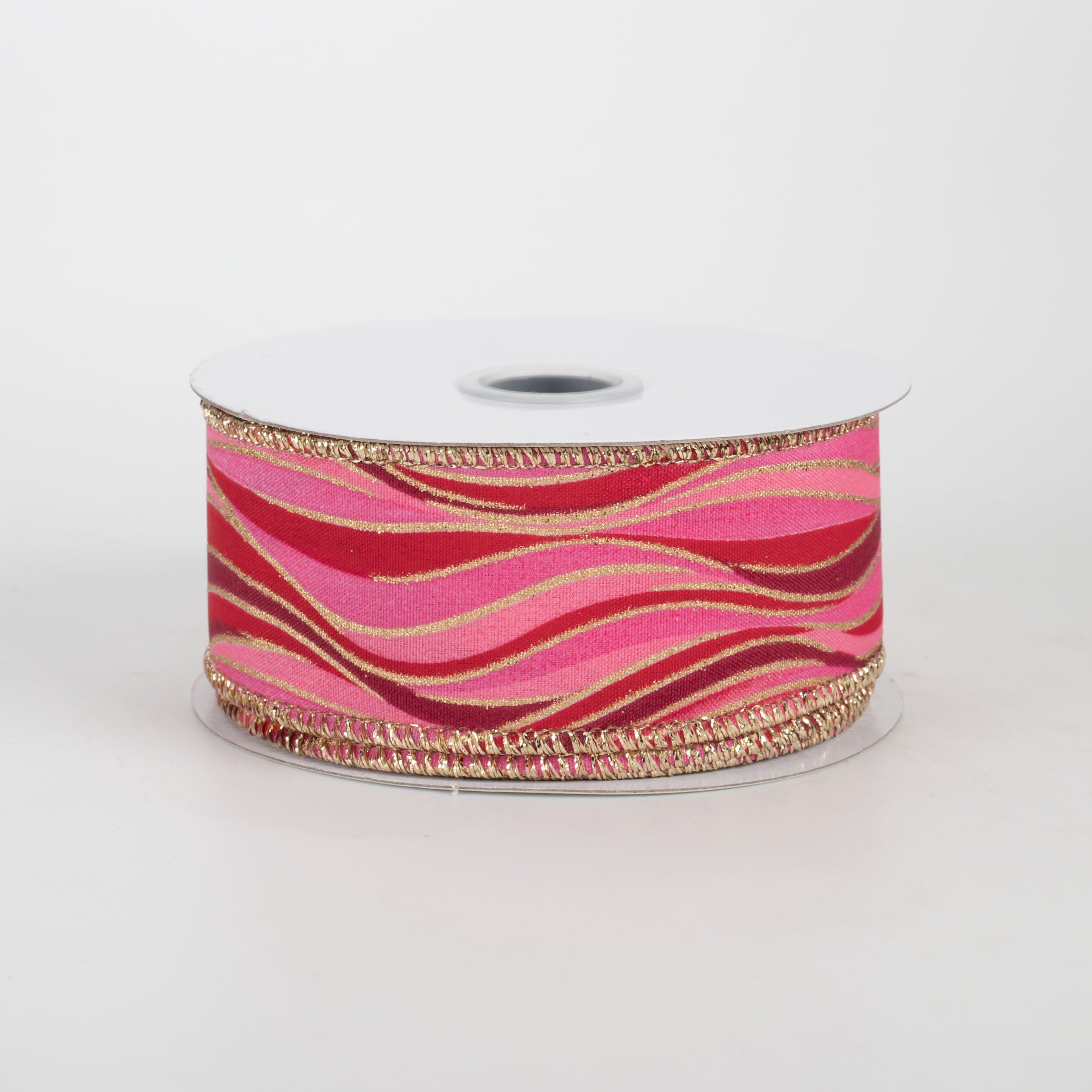 1.5" Glittered Wavy Stripes Ribbon: Red, Pink, Gold (10 Yards)