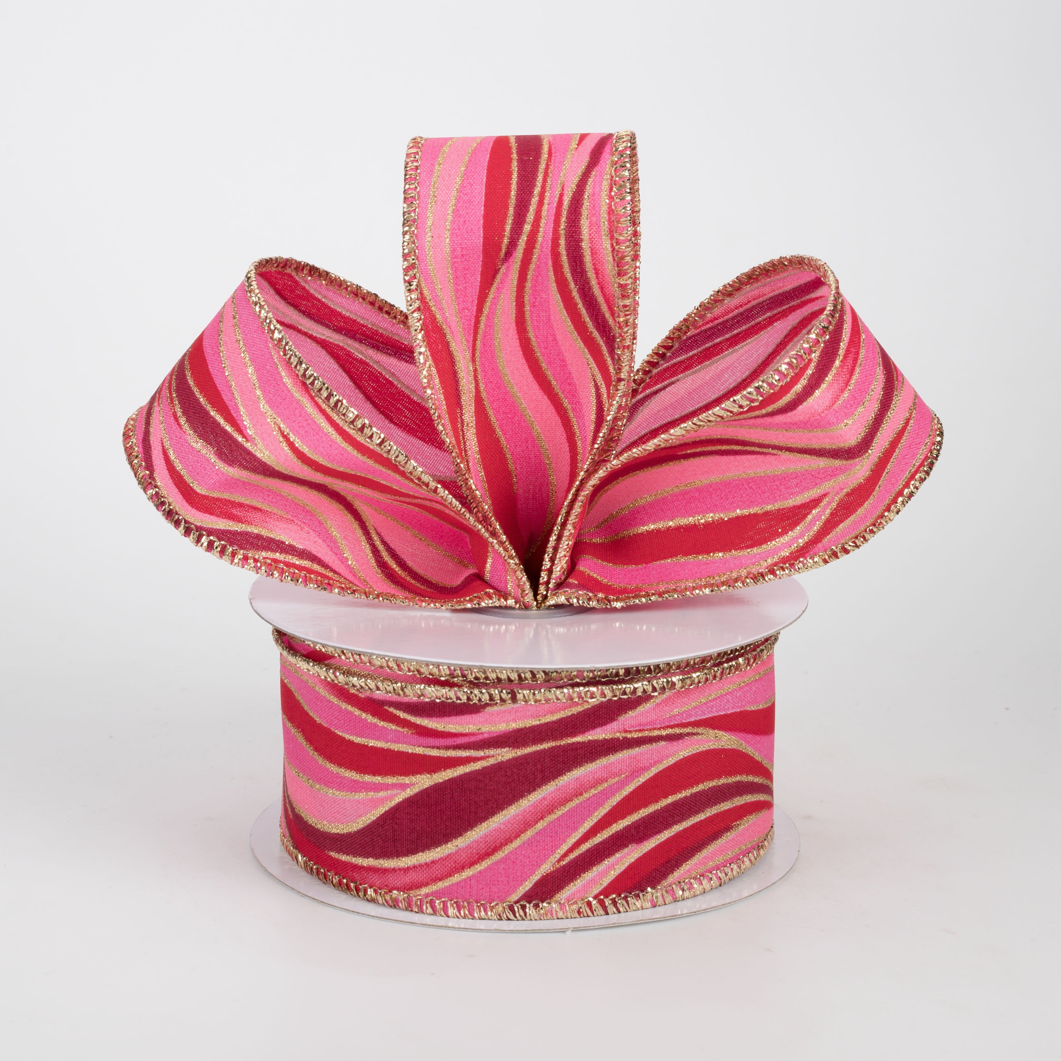 1.5" Glittered Wavy Stripes Ribbon: Red, Pink, Gold (10 Yards)