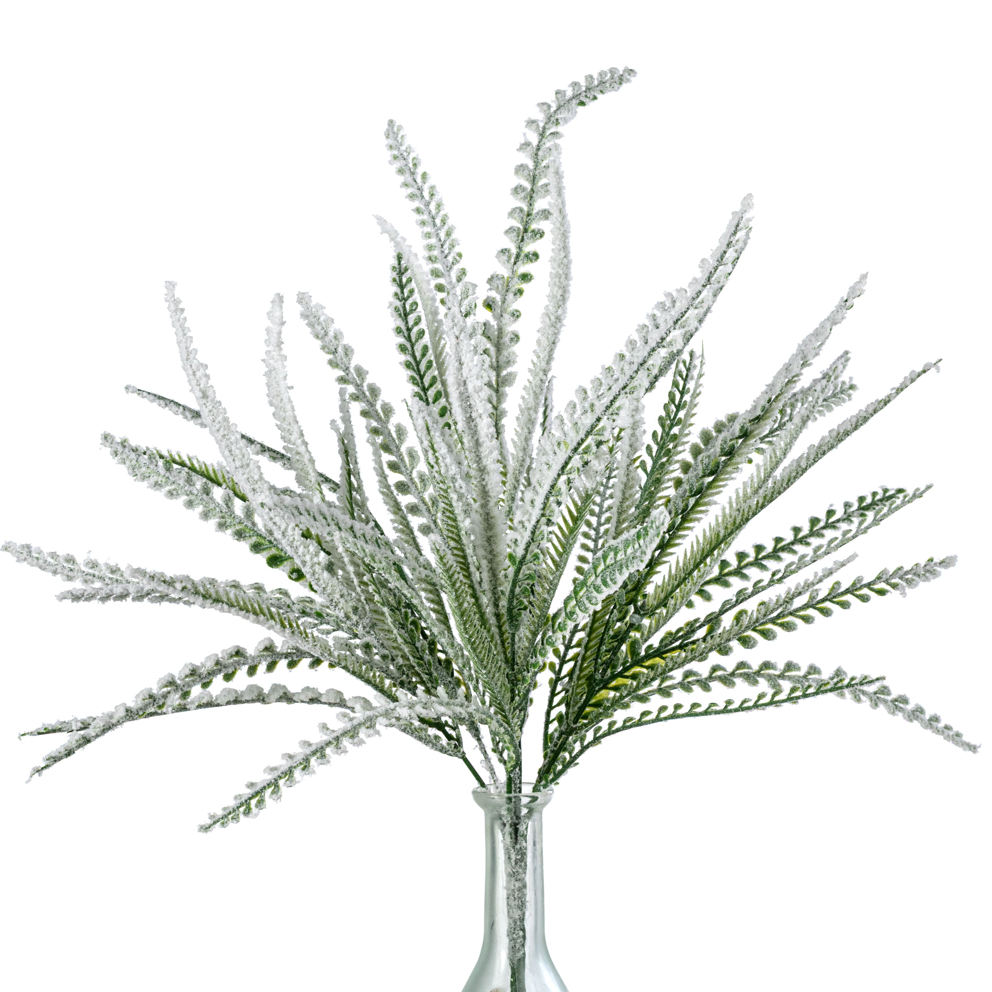 20" Plastic Leaf Button Fern Bush: Flocked Snow Green (7 Stem)
