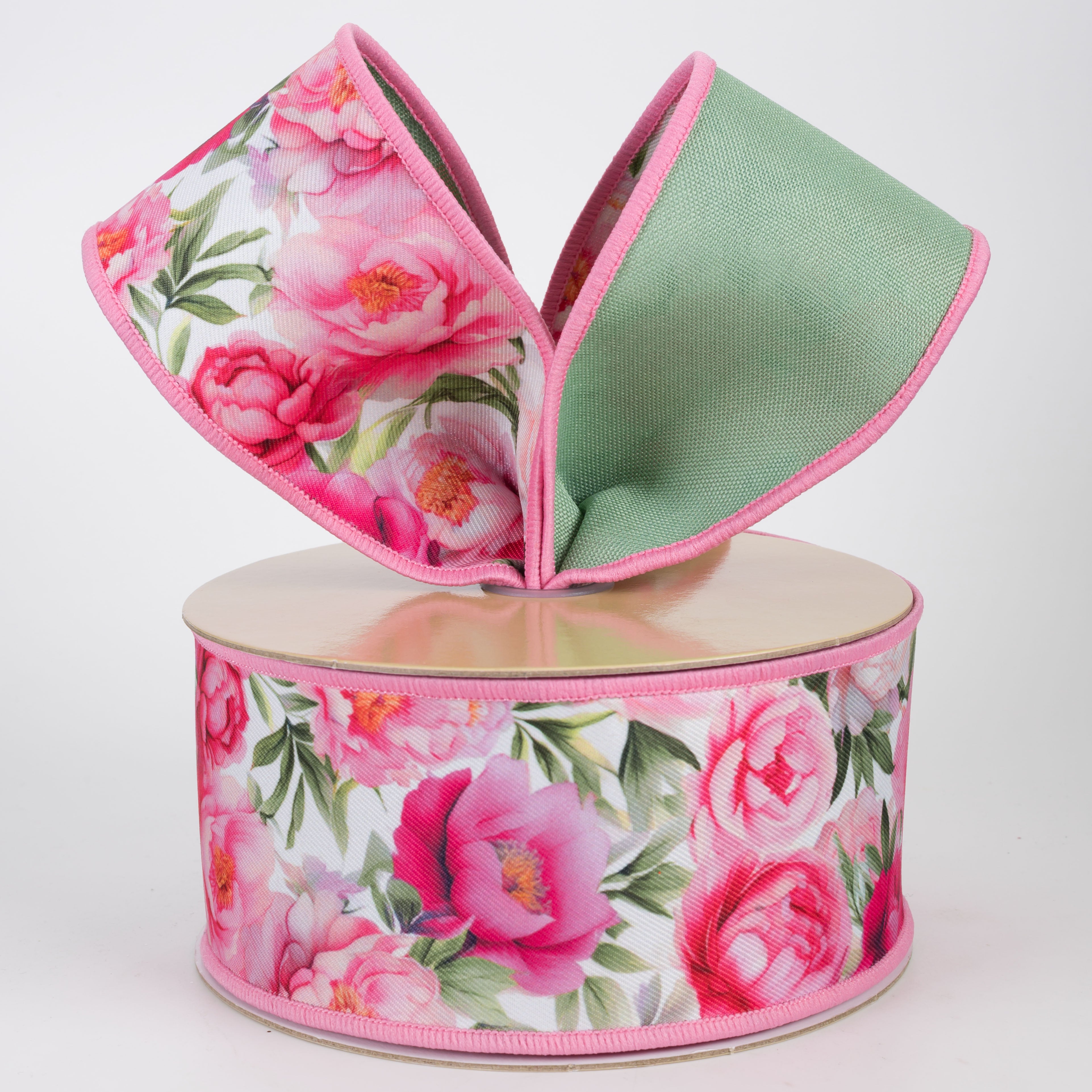 2.5" Double Sided Fused Peonies Ribbon: Pink & Green (10 Yards)
